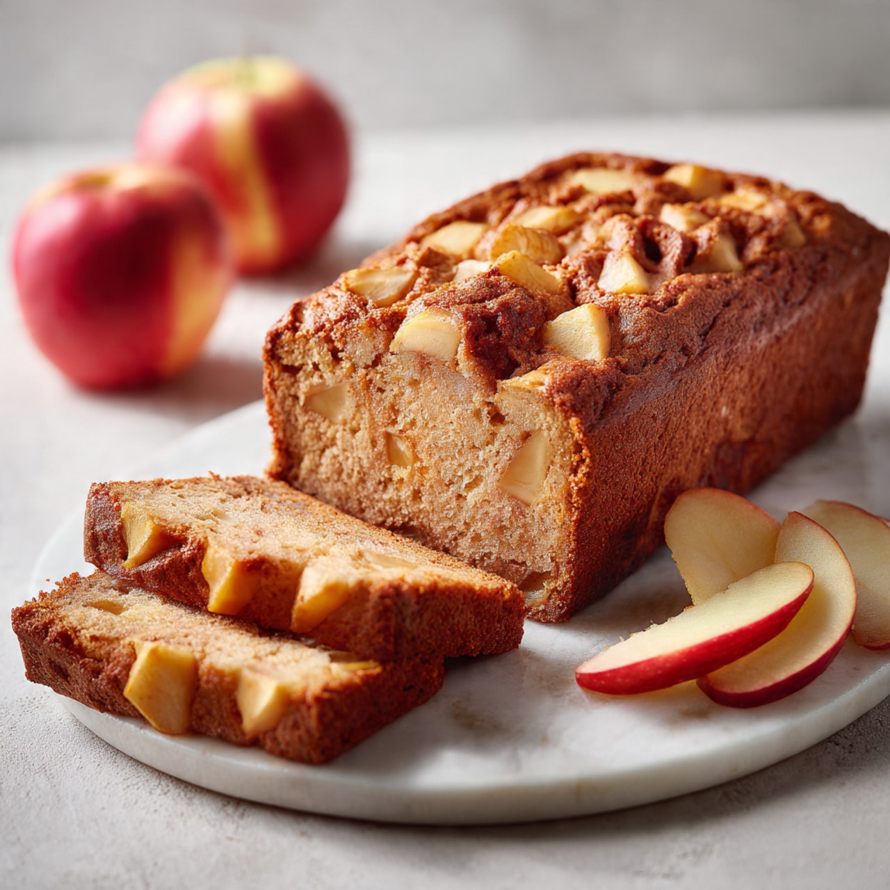 Inside a white bowl on a white marbled surface, there is a thick beige batter with a smooth but slightly lumpy texture. On top of the batter, there are many small, cubed fruit pieces that are pale yellow with a reddish-brown spice coating, giving them a warm, mottled look. A light blue spatula with a wooden handle is partially submerged in the batter, lifting some of it around the fruit cubes. The bowl and its contents fill most of the frame, showing clear contrasts between the creamy batter, the spiced fruit pieces, and the spatula. Photo taken with an iphone --ar 4:5 --v 7
