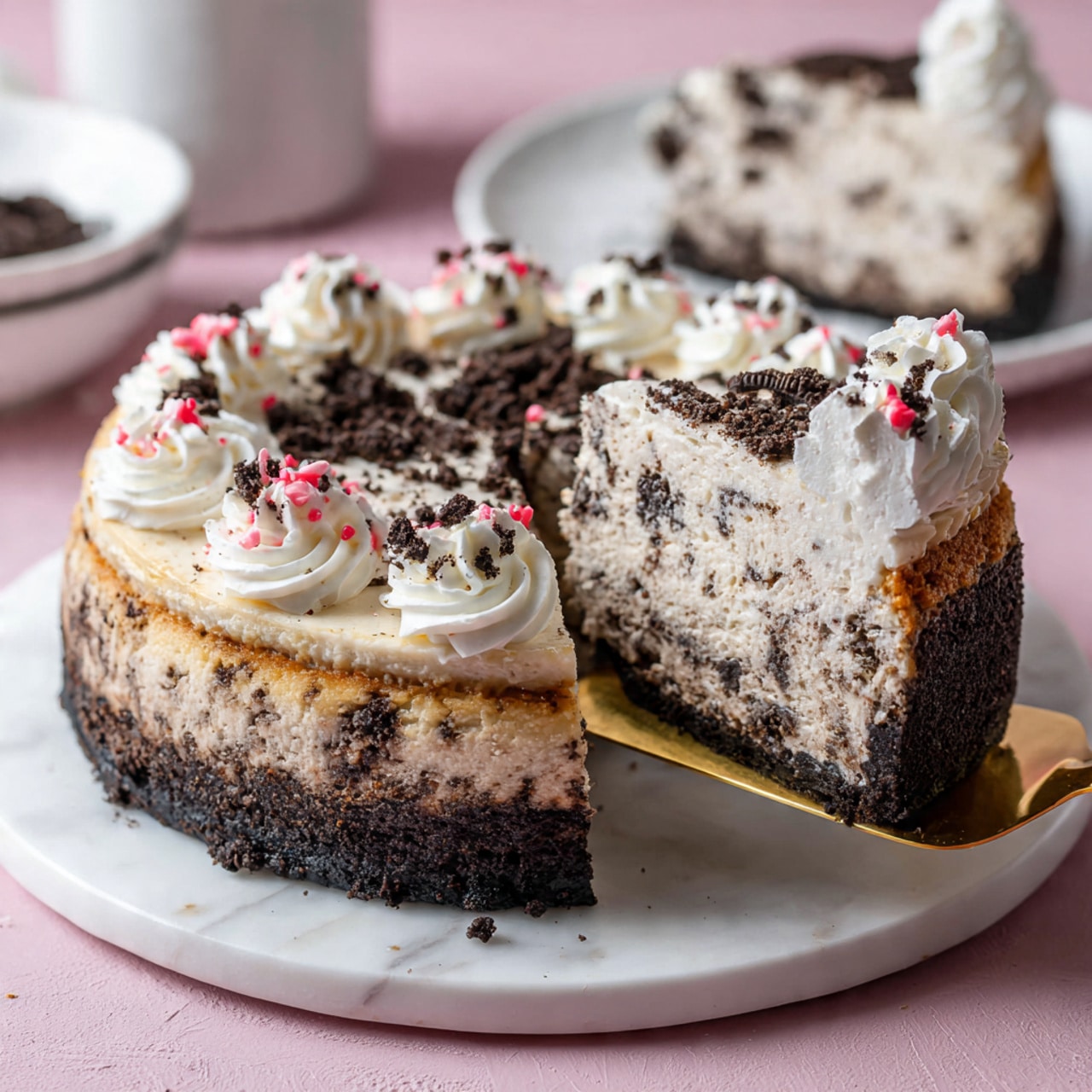 A round no-bake cheesecake with two layers sits on a white marble plate; the bottom layer is a dark chocolate cookie crust, firm and crumbly, while the thick top layer is a creamy off-white cheesecake filled with crushed chocolate cookie bits. On top, there are five swirls of white whipped cream, each sprinkled with small red and white crushed candy pieces and bits of chocolate cookies. One slice is being lifted out with a gold spatula showing the smooth sides and speckled texture inside. In the background, a slice of the cheesecake rests on another white marble plate with more chocolate cookies and a red-and-white candy cane on a soft pink marbled surface. Photo taken with an iphone --ar 4:5 --v 7
