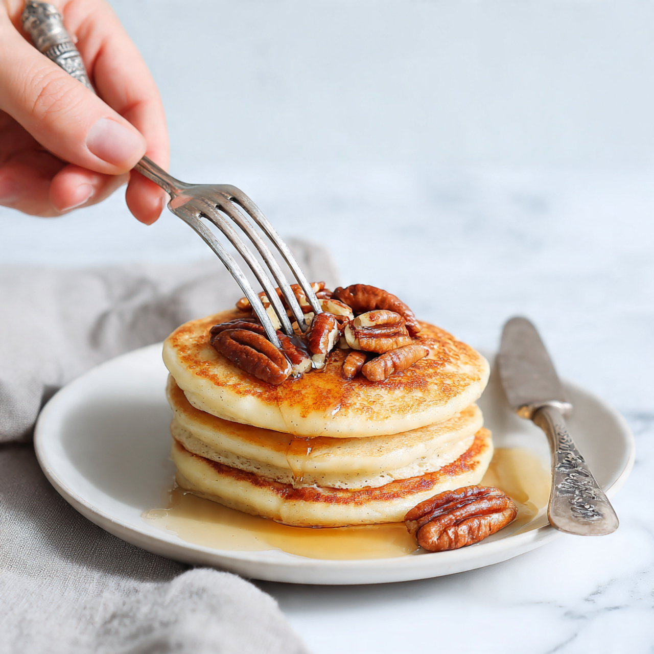 A tall stack of ten golden-brown pancakes sits on a white plate, each pancake thick with slightly crispy edges and soft centers. The pancakes are layered neatly with maple syrup dripping down the sides, pooling slightly near the base. On top of the stack rests caramelized banana slices that are glossy and warm, with several pecan halves scattered both on top and around the base of the stack. The background is a smooth, white marbled texture, highlighting the rich colors of the pancakes and toppings. photo taken with an iphone --ar 4:5 --v 7