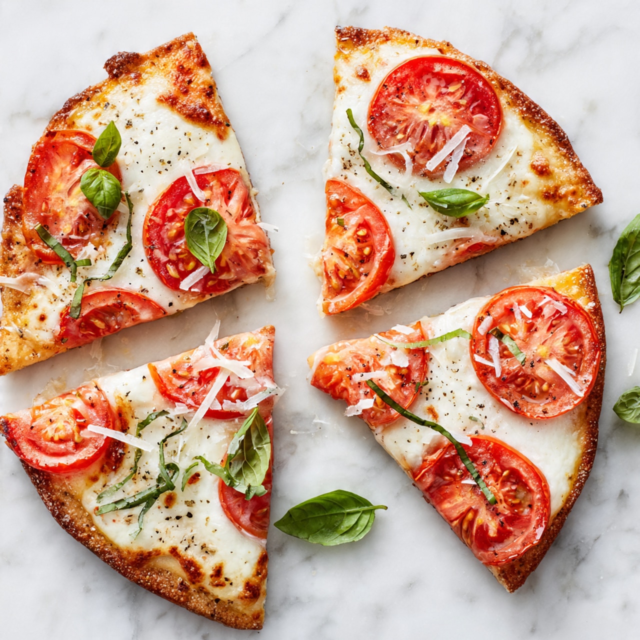 A flat oval pizza with a light golden brown crust, topped with a layer of melted white cheese that is slightly browned in some spots. On top of the cheese are five red tomato slices arranged evenly, with scattered pieces of fresh dark green arugula and chopped basil leaves adding freshness. There is also a light sprinkle of shredded white cheese and some black pepper over the whole pizza. Around the pizza, there are a few whole red cherry tomatoes and green arugula leaves resting on a white marbled surface. photo taken with an iphone --ar 4:5 --v 7