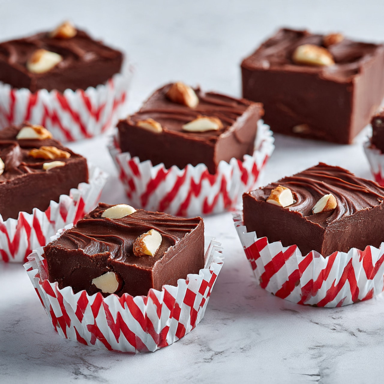 A square baking tray lined with crinkled aluminum foil contains a thick layer of chocolate batter that has small lighter-colored chunks mixed in. The batter's surface is smooth with visible swirls and gentle peaks, showing a rich and creamy texture. The tray sits on a white marbled surface. photo taken with an iphone --ar 4:5 --v 7