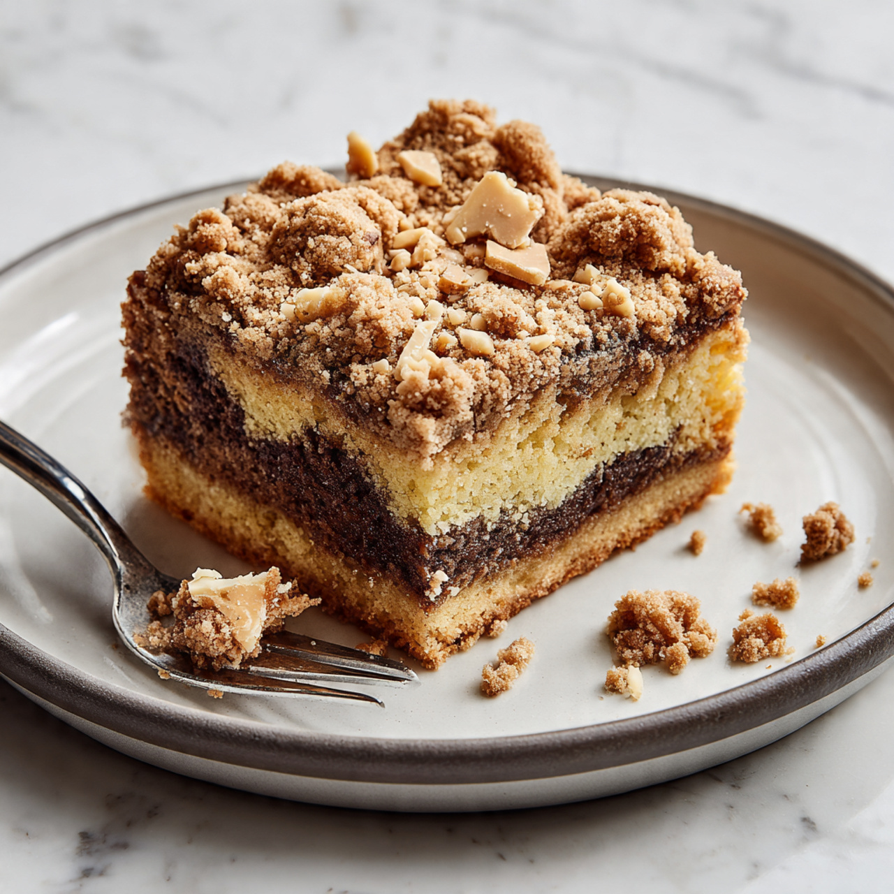 A clear glass bowl filled with a mix of small, crumbly pieces in light brown and white colors, combined with some small nut pieces scattered throughout. The mixture looks dry with a slightly rough texture and is evenly piled in the bowl. The bowl is placed on a white marbled surface. photo taken with an iphone --ar 4:5 --v 7