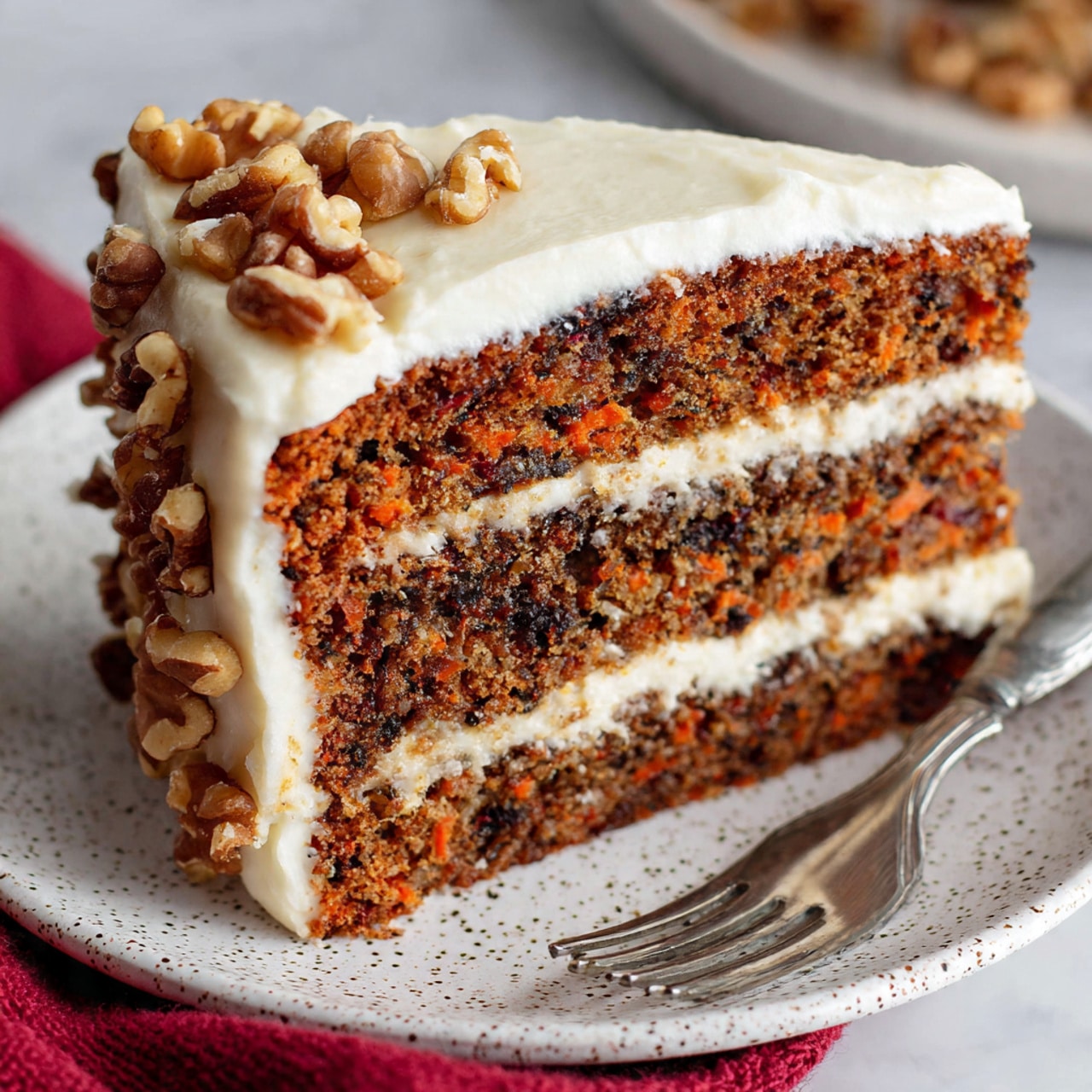 A close-up of a slice of carrot cake with three thick layers on a white plate with small dark speckles. Each cake layer is dark brown with visible bits of nuts and carrot pieces inside. Between the layers and on top is a thick, smooth layer of white cream cheese frosting. On the top edge of the slice, there are chopped walnuts adding texture. The plate sits on a white marbled surface, next to a silver fork and part of a red cloth. Photo taken with an iphone --ar 4:5 --v 7