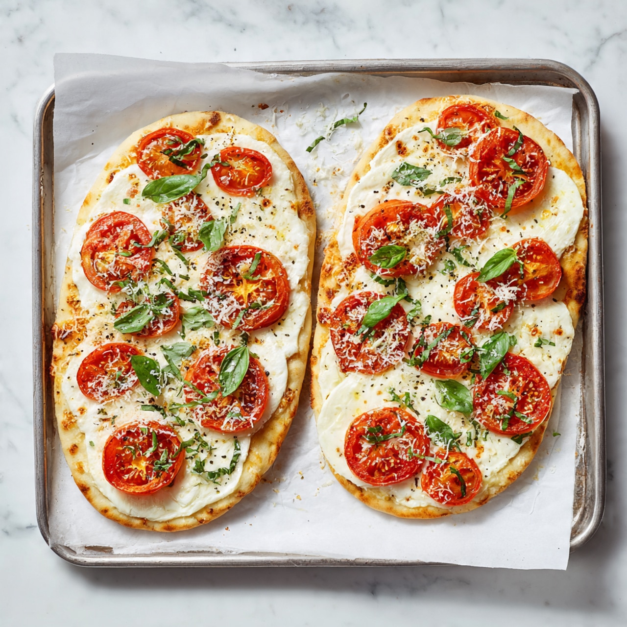 The image shows four slices of a thin crust pizza on a white marbled surface. The pizza has a golden-brown crust with a soft texture. Each slice has a layer of melted white cheese topped with several bright red tomato slices and fresh green basil leaves scattered on top. There are small white shreds of cheese sprinkled over the tomatoes and cheese. The pizza looks fresh and simple, with a clean and light presentation. photo taken with an iphone --ar 4:5 --v 7