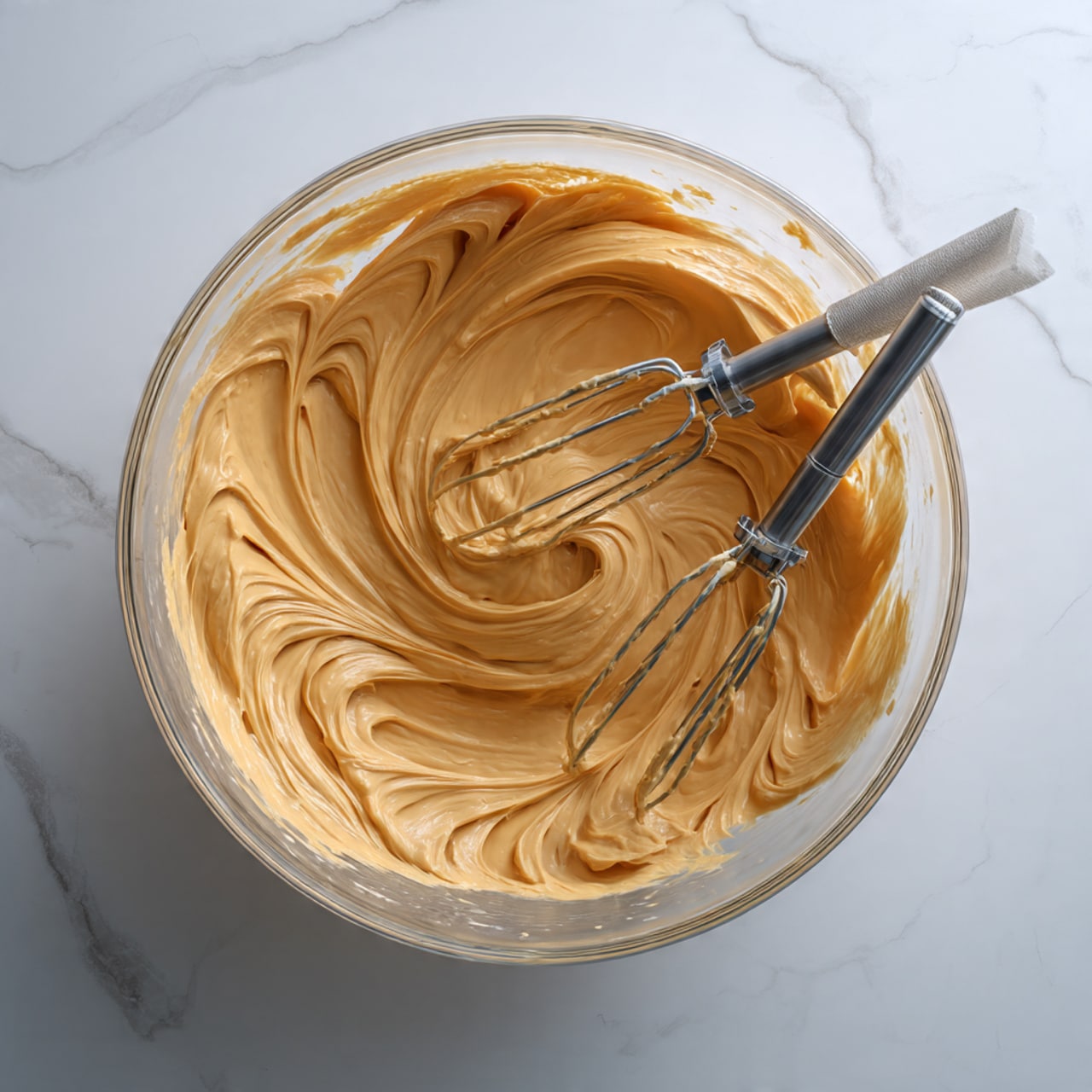 A clear glass bowl filled with smooth, light brown whipped cream showing soft peaks and swirls, placed on a white marbled surface. Two silver beaters with traces of the whipped cream rest on the right side of the bowl, adding texture and detail to the creamy mixture. The bowl is seen from above, highlighting the glossy and fluffy texture of the light brown cream inside photo taken with an iphone --ar 4:5 --v 7