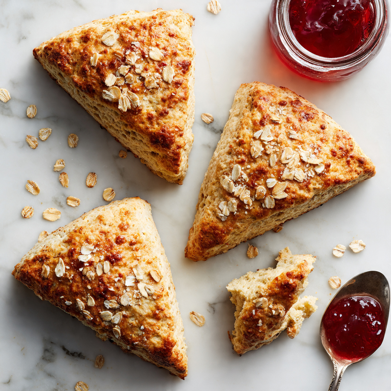 Four triangular scones with a light golden-brown color and a slightly crumbly texture are placed on a white marbled surface. Some oats are sprinkled on top of the scones and scattered around them. One scone is broken into pieces. To the right, there is a silver spoon with red jam on it, resting next to a small round glass jar filled with the same red jam. Photo taken with an iphone --ar 4:5 --v 7