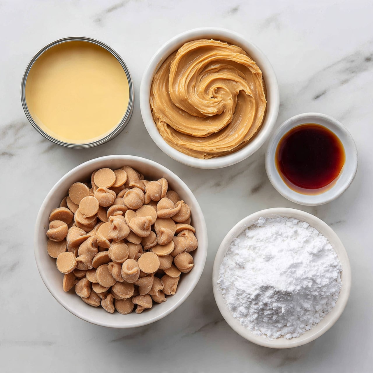 The image shows five white bowls and a can with different ingredients arranged on a white marbled surface. At the center is a large bowl filled with many light brown peanut butter chips. To the top right of this is a smaller bowl containing smooth, creamy peanut butter with swirled textures. To the top left is an open can filled with pale yellow sweetened condensed milk, its surface smooth and shiny. Below the peanut butter chips, on the bottom left, is a small bowl containing dark brown vanilla extract, smooth and glossy. On the bottom right is a medium bowl with white powdered sugar, visible with a soft, powdery texture. All items are positioned neatly with clear separation. Photo taken with an iphone --ar 4:5 --v 7