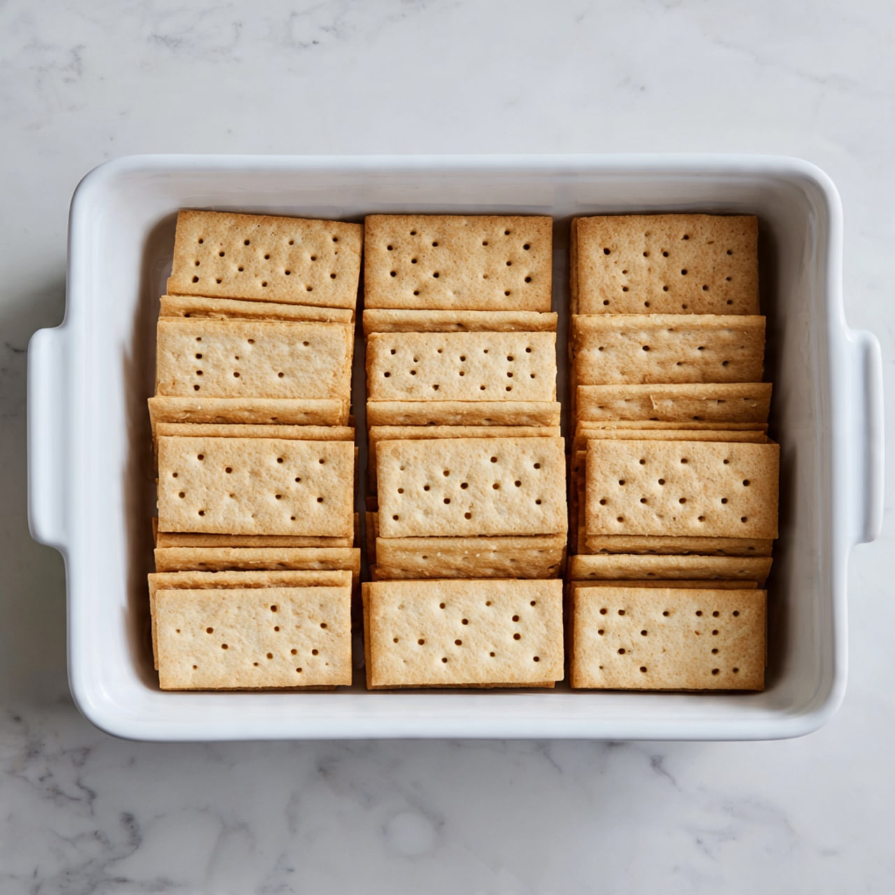 The image shows a white rectangular baking dish filled with one layer of neatly arranged rectangular crackers. The crackers are light brown with small holes evenly spaced on their surface, laid side by side in rows to cover the bottom of the dish fully. The dish is placed on a white marbled surface. Photo taken with an iphone --ar 4:5 --v 7