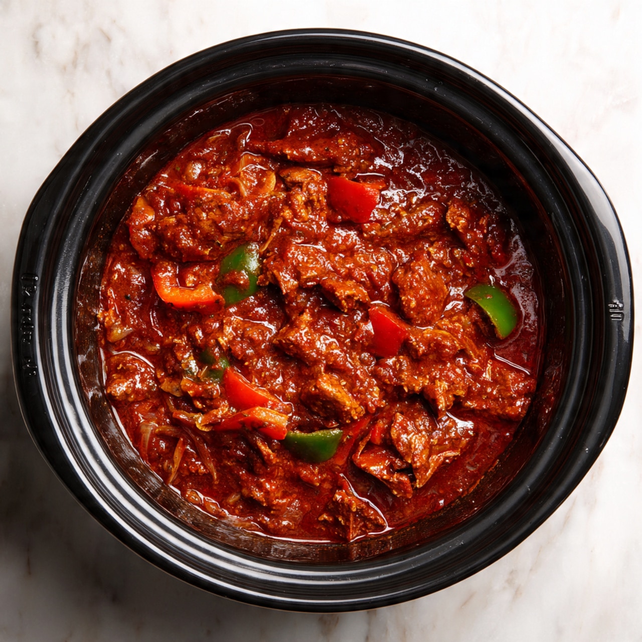 A slow cooker filled with thick chili showing a rich, chunky texture. The chili has a deep red color with visible pieces of green and red bell peppers, ground meat, and tomato chunks spread evenly throughout the sauce. The sauce looks glossy and smooth around the chunks, with small bits of onion mixed in. The cooker is black and contrasts with the white marbled surface it sits on. photo taken with an iphone --ar 4:5 --v 7