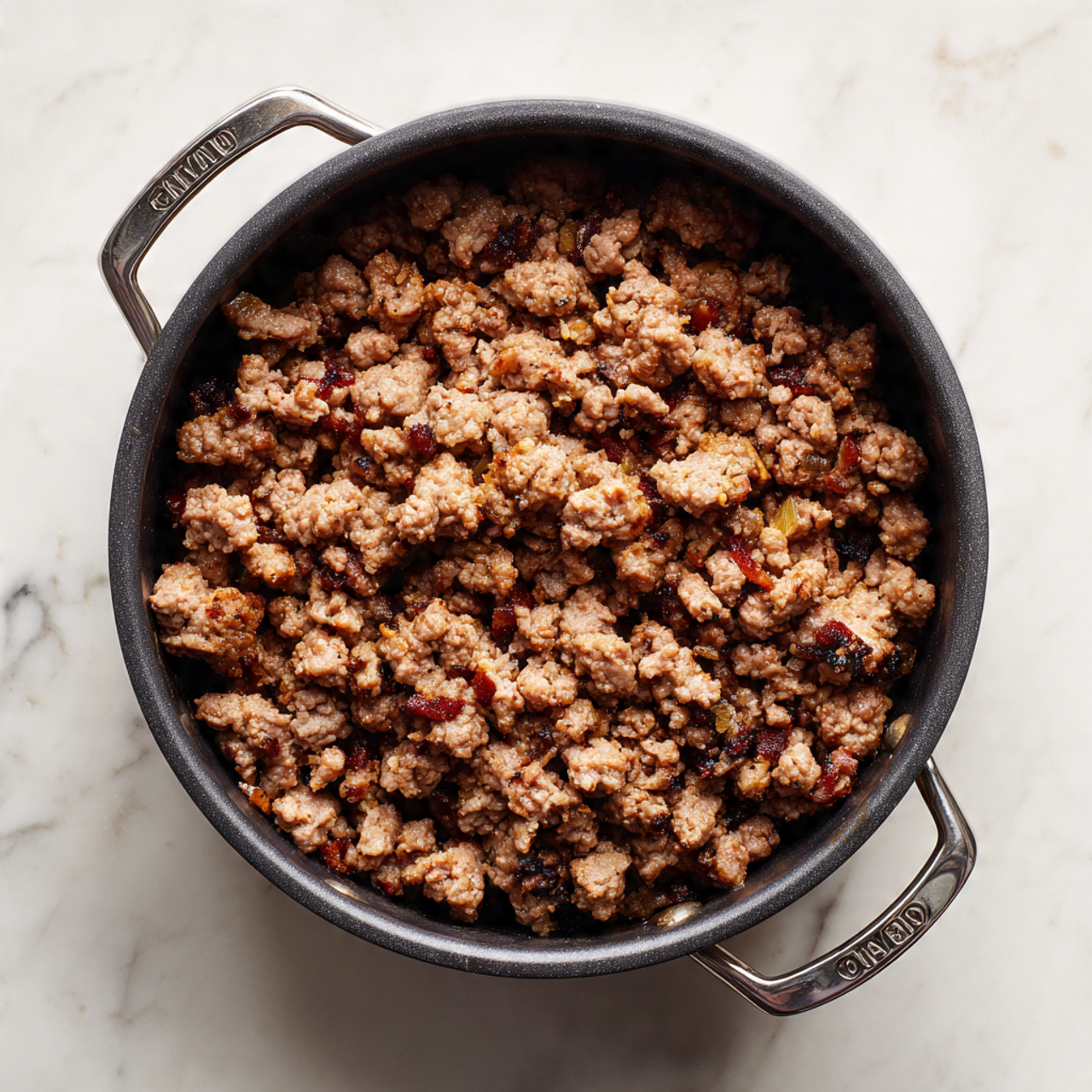 A top view of a black pot filled with cooked ground meat, showing small pieces of browned meat with some bits of red inside, placed on a white marbled surface. The pot has two handles on the sides with text on them and the cooked meat fills most of the pot evenly. The lighting is bright and natural, highlighting the texture of the browned meat. photo taken with an iphone --ar 4:5 --v 7