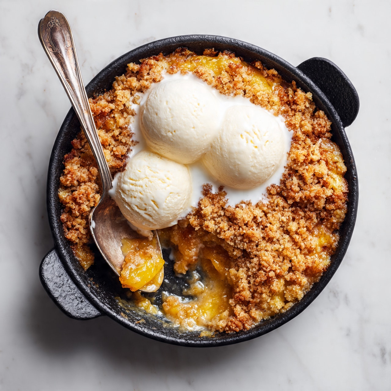 A black skillet filled with a warm dessert that has a golden brown crumbly top layer with a rough texture and uneven edges, below which is a soft, cooked fruit layer that looks juicy and caramelized. On one side, two round scoops of creamy white ice cream rest partially melted, mixing slightly with the dessert juices. A silver spoon sits inside the skillet on the left side, with a scoop of the dessert on it. The skillet is placed on a white marbled surface. photo taken with an iphone --ar 4:5 --v 7