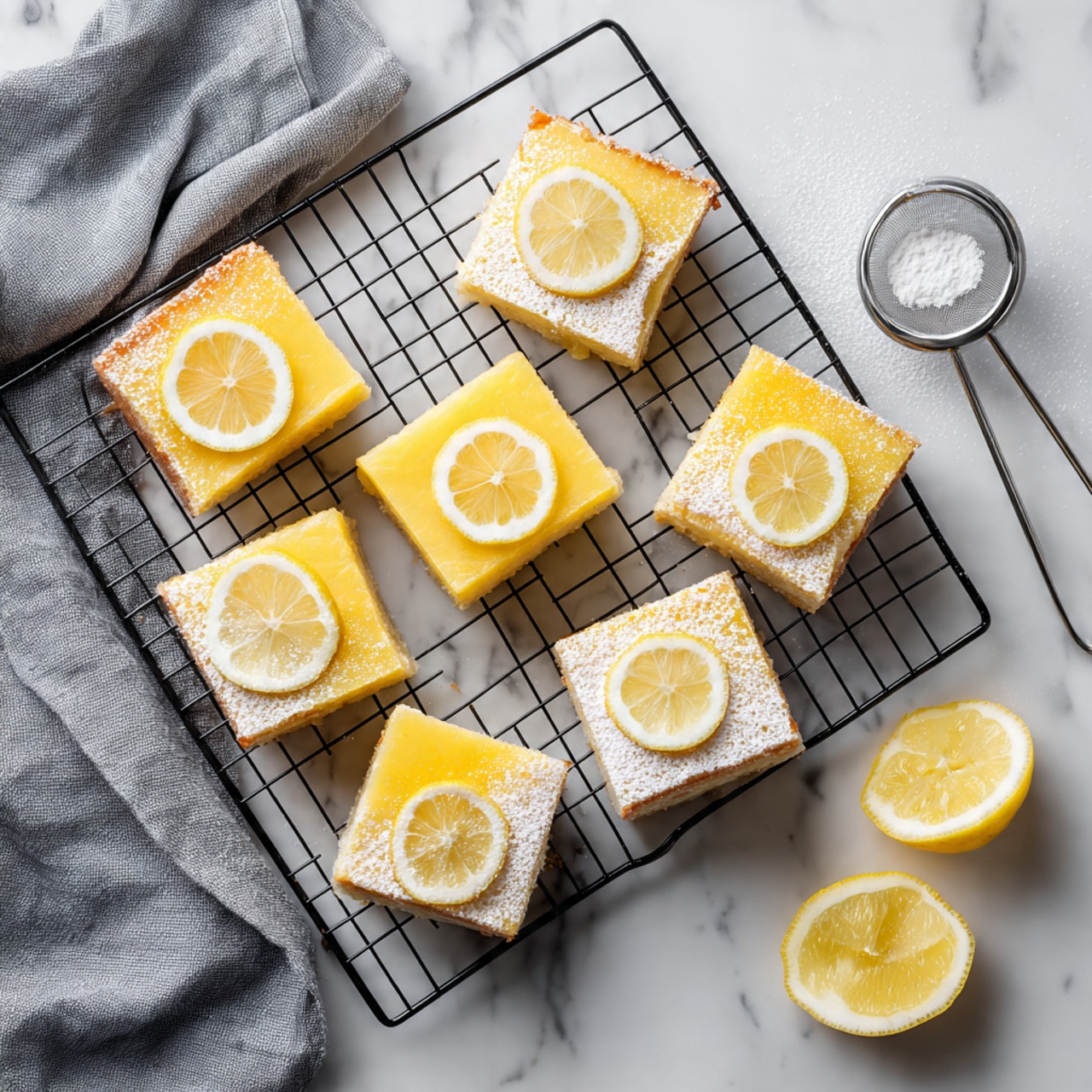 On a white marbled surface, several whole and sliced bright yellow lemons are scattered, with some lemon halves showing juicy pulp. A wooden cutting board holds four lemon slices and a lemon half, with a small knife resting on it. Nearby, a blue cloth is spread beneath the board. In the upper left, an unwrapped stick of pale yellow butter lies on white paper, next to a silver whisk. Four white eggs sit in a clear bowl above the board. Multiple white dishes, some filled with white powdery flour and sugar, are arranged around the lemons. A wooden citrus juicer rests in a small beige bowl with a pale yellow juice. A small oval blue and beige dish holds a wooden spoon with some white powder. A metal grater is placed near the lemon slices on the cutting board. Photo taken with an iphone --ar 4:5 --v 7