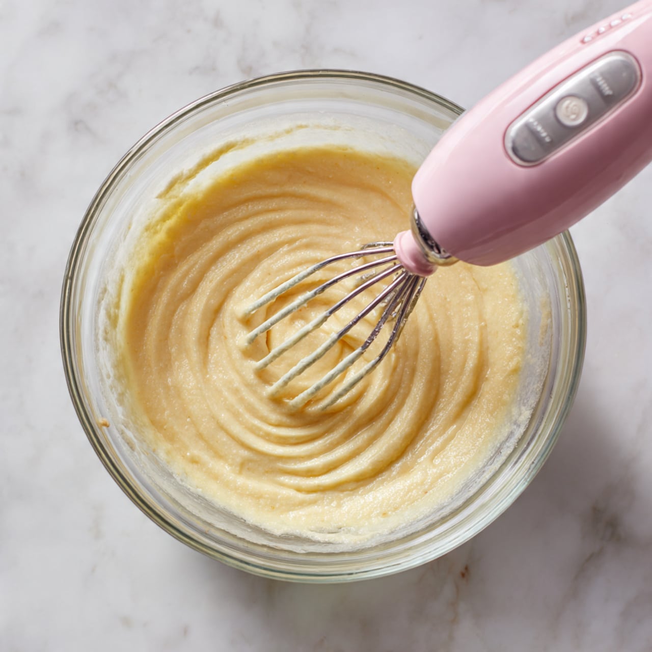 A glass bowl filled with a light yellow creamy batter being mixed by a pink electric hand mixer, the beaters are spinning creating a swirl pattern on the smooth batter surface. The bowl rests on a white marbled texture countertop. photo taken with an iphone --ar 4:5 --v 7
