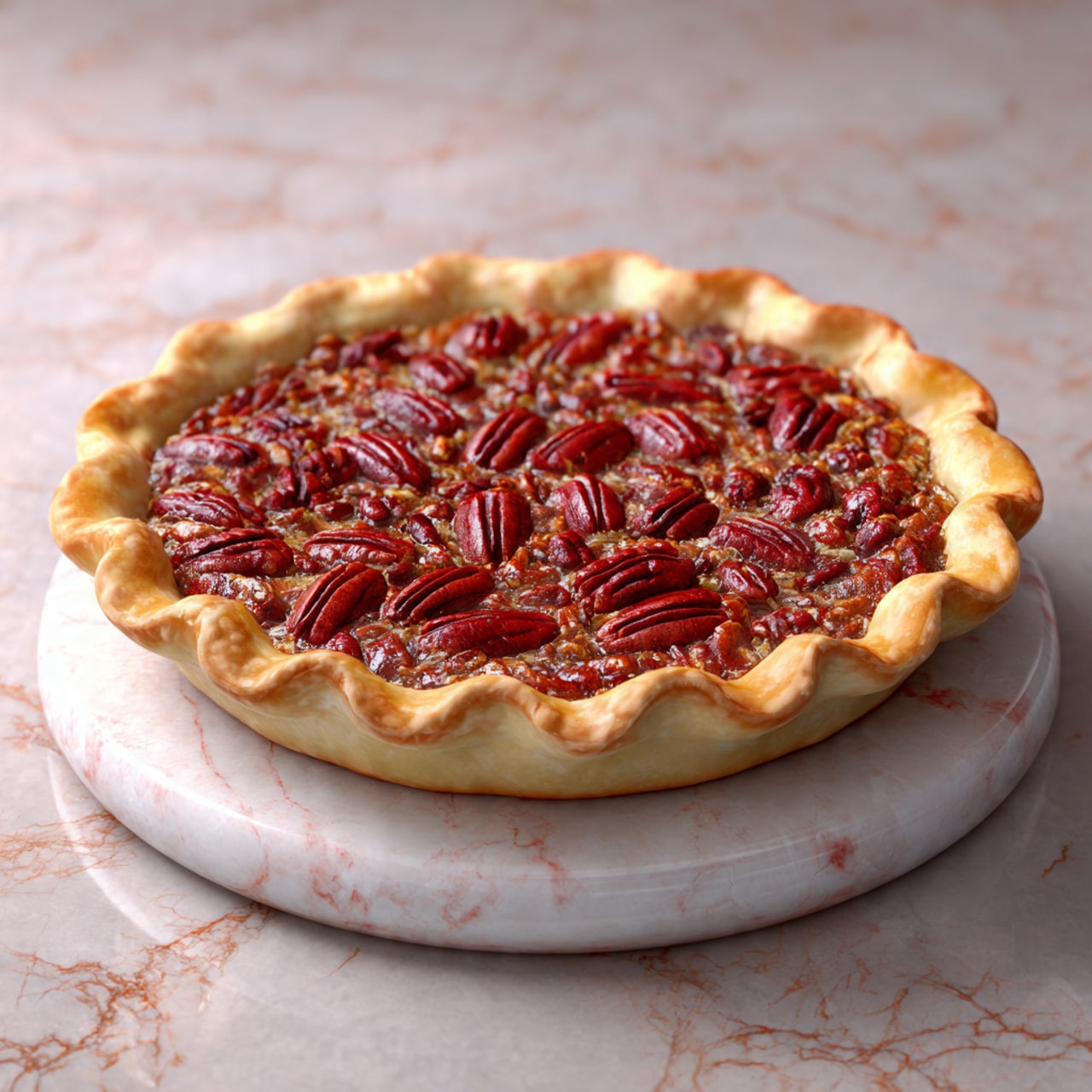 A pie with one layer of light golden crust forming a wavy edge around the entire pie, filled with a single layer of glossy, light brown syrupy filling that is thick and smooth in texture. Scattered evenly on top of the filling are whole, reddish-brown pecan nuts, giving a textured and nutty surface. The pie sits on a white marbled textured surface and is placed on a round white plate. photo taken with an iphone --ar 4:5 --v 7