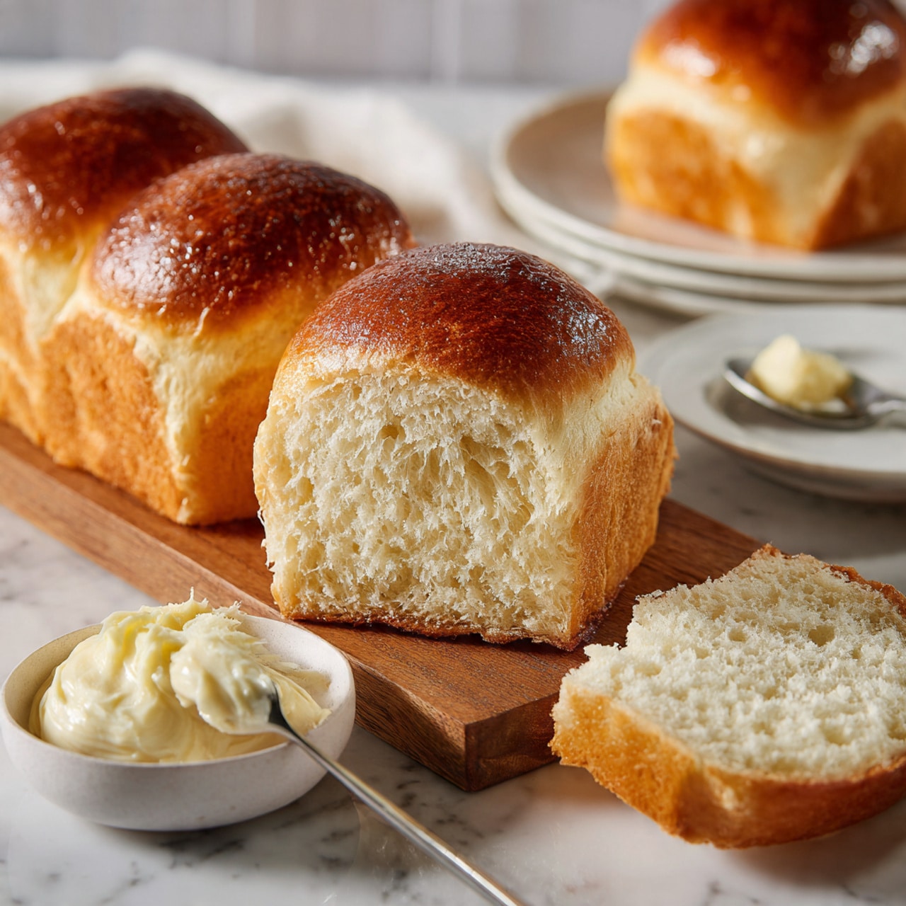 The image shows a thick loaf of soft bread with four domed tops that are golden brown and shiny. The bread is cut open to display its fluffy, light beige inside with a smooth texture and no holes, sitting on a wooden cutting board. In the foreground, there is a small round container filled with smooth, light-colored spread, alongside a silver spoon holding a small dollop of spread. A single, thick slice of bread lies flat on the white marbled surface next to the cutting board. The background is softly blurred but shows more bread pieces on white plates. Photo taken with an iphone --ar 4:5 --v 7