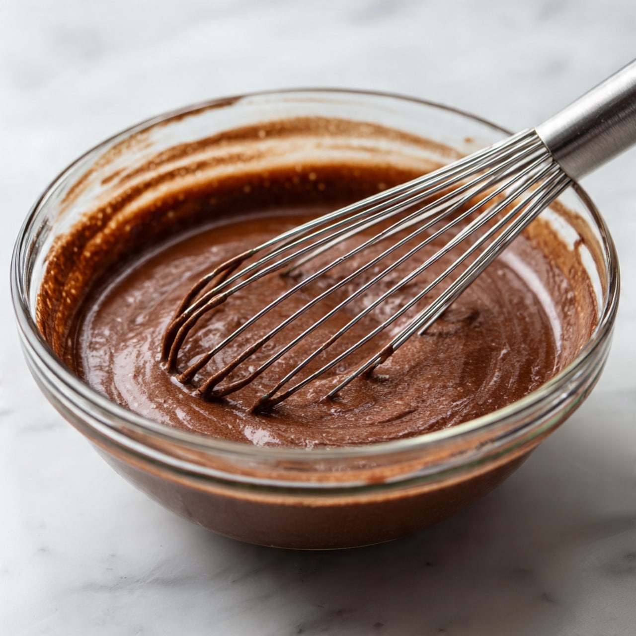 A clear glass bowl filled with smooth, thick chocolate batter that has a few small lumps and bubbles on the surface, showing a rich dark brown color. A metal whisk is placed inside the bowl with its wires partly covered in the batter, and the rim of the bowl has some batter stuck to it. The bowl sits on a white marbled surface with soft natural light highlighting the glossy texture of the chocolate mixture. photo taken with an iphone --ar 4:5 --v 7