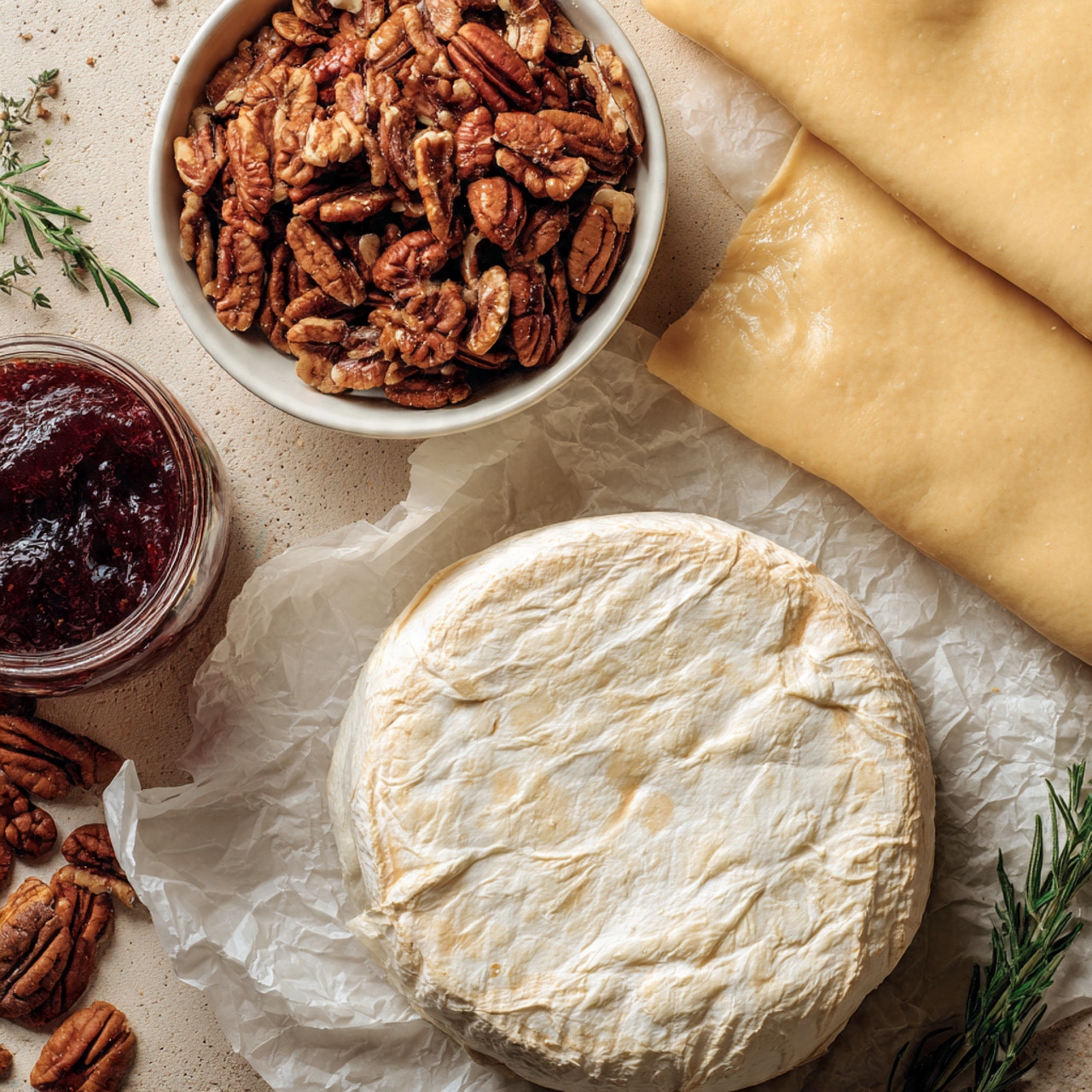 The image shows ingredients for baking arranged on a rough beige surface. There is an opened round cheese wrapped in crinkled white paper placed at the bottom left. Above the cheese, there is a small white bowl filled with crushed nuts, mainly brown and tan in color. Next to the bowl, on the left side, is a small glass jar filled with dark red, chunky jam. On the right side of the image, there are two folded sheets of pale, raw pastry dough stacked vertically, one partially covering the other. A few green thyme sprigs are scattered at the top left corner on the surface. photo taken with an iphone --ar 4:5 --v 7