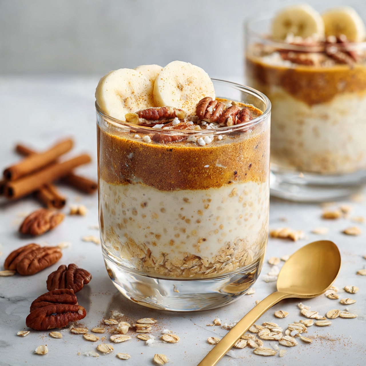The image shows a small clear glass filled with creamy oatmeal. The oatmeal is light brown with visible oat flakes mixed in. On top, there are three slices of banana placed in a line on one side, and evenly scattered chopped pecans adding a textured look. In the background, there is another glass with the same oatmeal, blurred out. Around the glass on the white marbled surface, there are whole pecans, cinnamon sticks, loose oat flakes, and a golden spoon laying nearby. The overall scene is warm and rustic, with a soft light. Photo taken with an iphone --ar 4:5 --v 7
