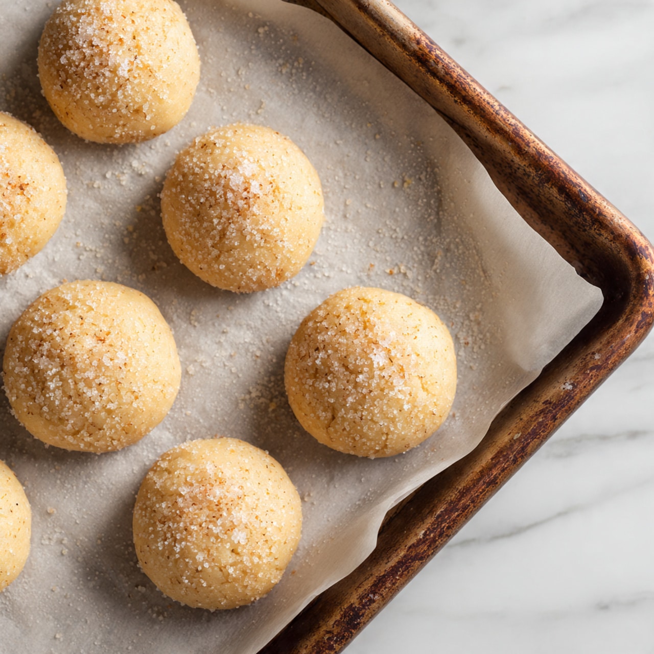 The image shows nine small dough balls placed on white baking paper lined on a baking tray. Each ball is round and light beige in color with a slightly rough texture that looks like it is coated in sugar or flour. They are spaced evenly across the tray in three rows. The tray edges are rusty brown and the background surface has a smooth white marbled texture. The image has soft lighting and focuses closely on the dough balls in the front row, with the ones in the back slightly blurred. photo taken with an iphone --ar 4:5 --v 7
