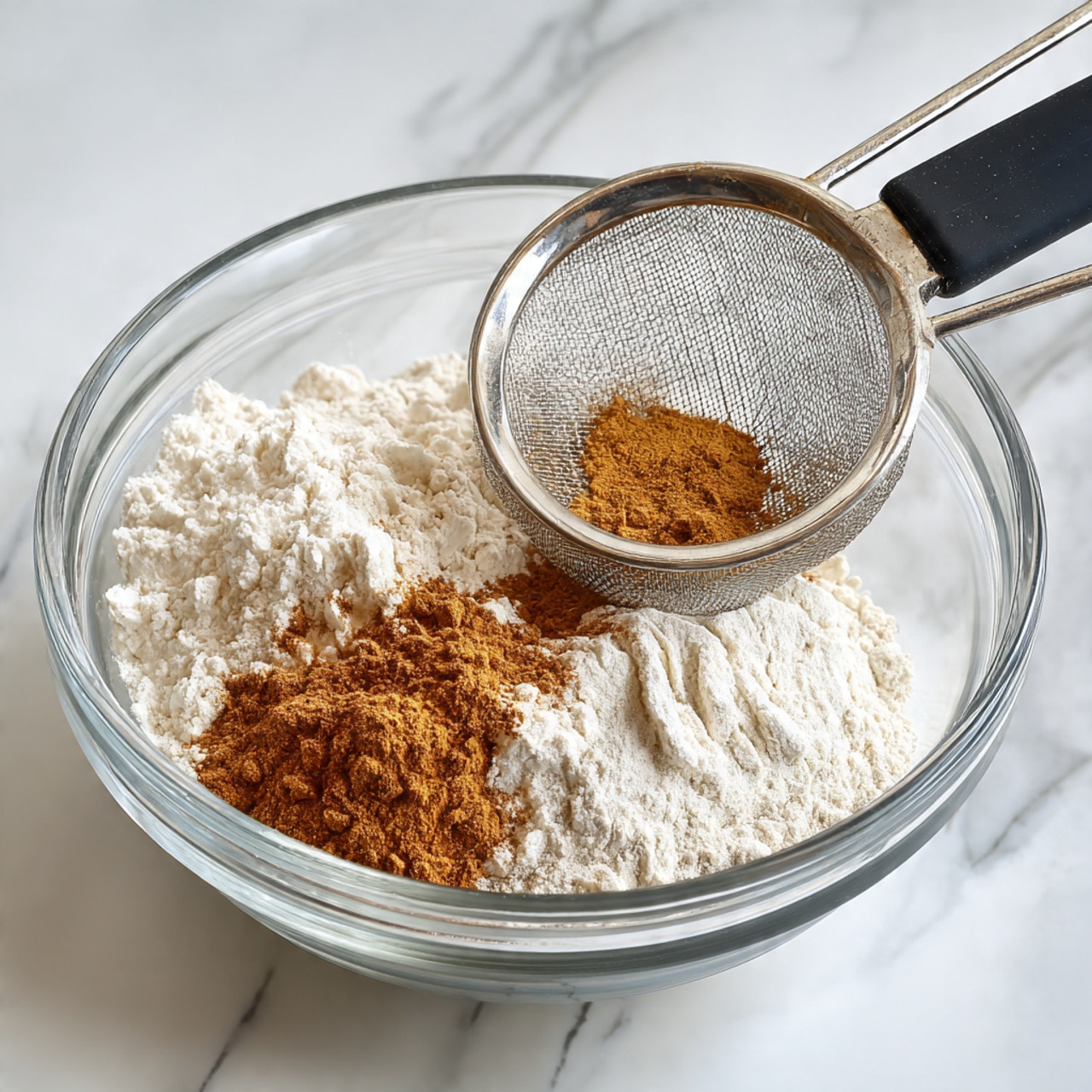 A clear glass bowl sits on a white marbled surface with a silver metal sieve resting on its edge, containing three layers of dry ingredients: a white powdery layer on the left, a small pile of brown spice powder on the right, and another white powdery layer below them. The black-handled sieve is positioned diagonally from the bottom right toward the top left of the bowl, and some of the brown spice has spilled slightly onto the inner side of the bowl. photo taken with an iphone --ar 4:5 --v 7
