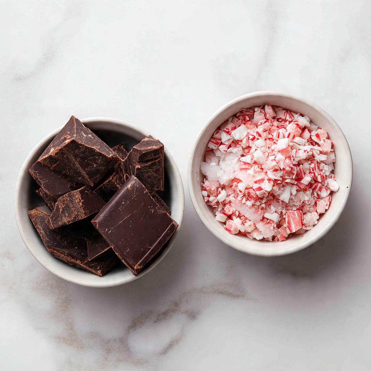 The image shows two small white bowls on a white marbled surface. The bowl on the left is filled with several broken pieces of dark chocolate, showing smooth dark brown textures with some sharp edges. The bowl on the right contains crushed pink and white peppermint candy pieces, with small shards and rough textures mixed together. Both bowls have a simple round shape and are placed side by side with some space between them. Photo taken with an iphone --ar 4:5 --v 7