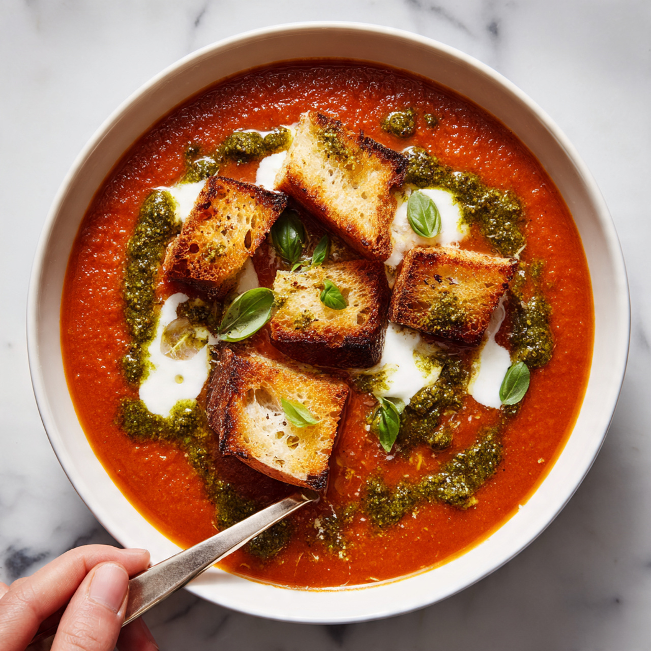 A bowl shows three main layers: the bottom layer is a smooth, thick, bright red soup that fills most of the bowl; the second layer is scattered chunks of golden brown toasted bread pieces placed in the center; the top layer has dollops of white cream and small, bright green pesto drops evenly spread around and over the bread pieces, with thin slices of fresh green basil leaves sprinkled on top. The bowl is white and set on a white marbled surface. A spoon is resting inside the bowl near the bread pieces, and a woman's hand is holding the spoon. Photo taken with an iphone --ar 4:5 --v 7