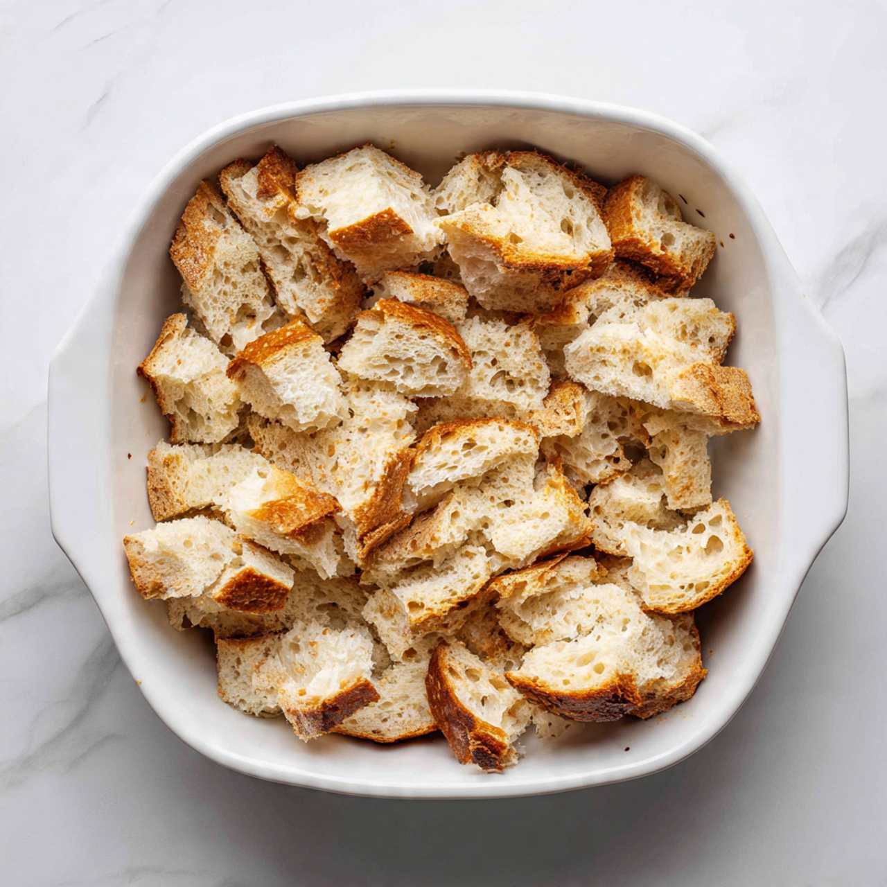 The dish shows several pieces of golden-brown baked bread with a soft inside and a slightly crusty outside, placed on a white plate. Among the bread pieces, there are a few blackberries scattered, adding a deep black-purple color. Small chunks of pecans are mixed between the bread pieces, giving a textured look with brown and shiny surfaces. On the right side of the plate, there is a smooth dollop of white cream, thick and creamy in texture. Light powdered sugar is sprinkled lightly over everything, adding a soft white dusting. A silver fork rests near the top edge of the plate on a white marbled surface. photo taken with an iphone --ar 4:5 --v 7