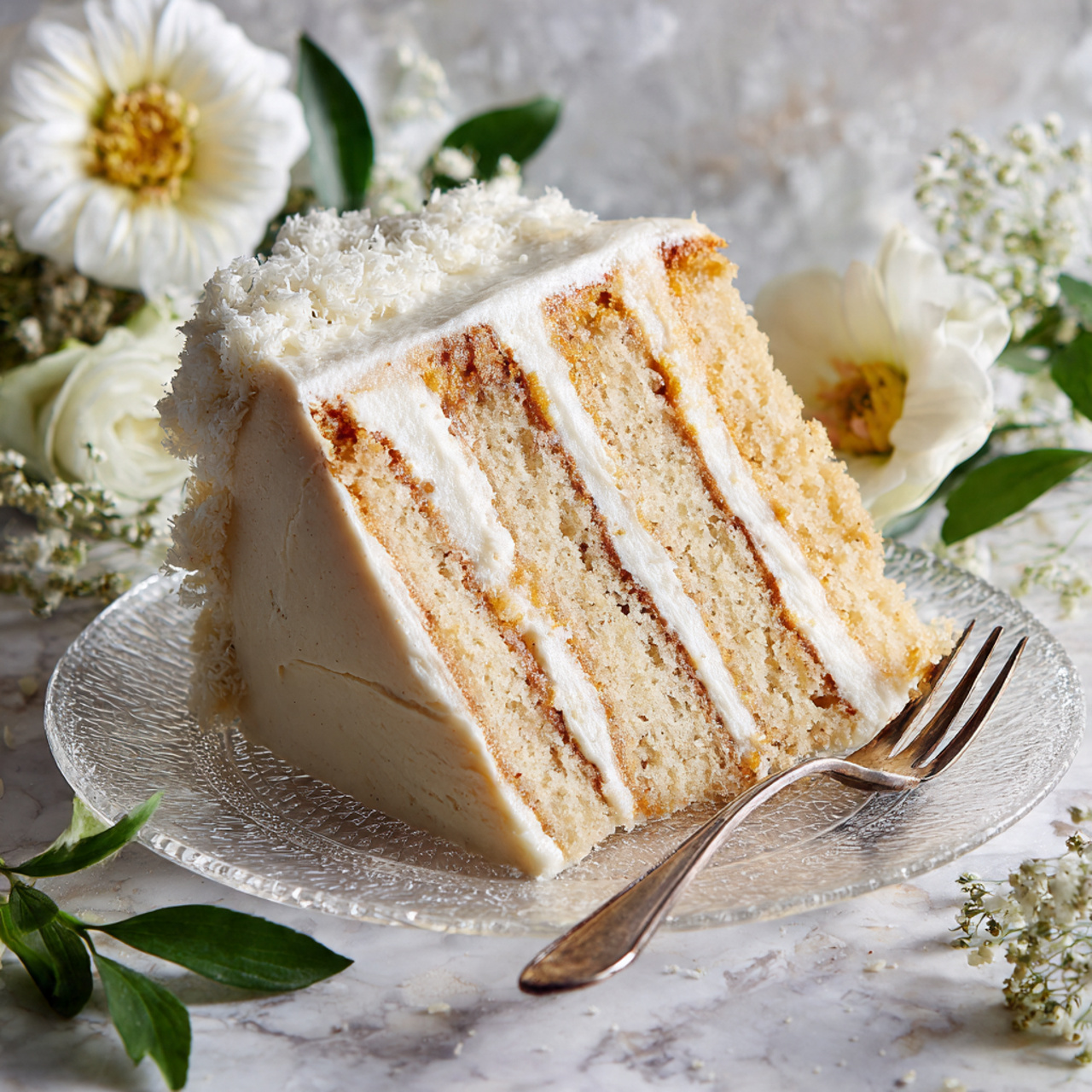 A multi-layered cake with four visible layers of light brown sponge and white frosting in between and on top sits on a clear glass cake stand. The top of the cake is sprinkled with chopped nuts. One slice of the cake with the same layered pattern lies on a white plate with a pink pattern, and another slice is on a second similarly patterned plate. Both slices have visible white frosting on the top and between the layers. A woman’s hand with a fork is near the second slice. Around the cakes are white flowers and green leaves, a small bowl with chopped nuts, and a small bowl of white shredded topping, all placed on a white marbled surface. photo taken with an iphone --ar 4:5 --v 7