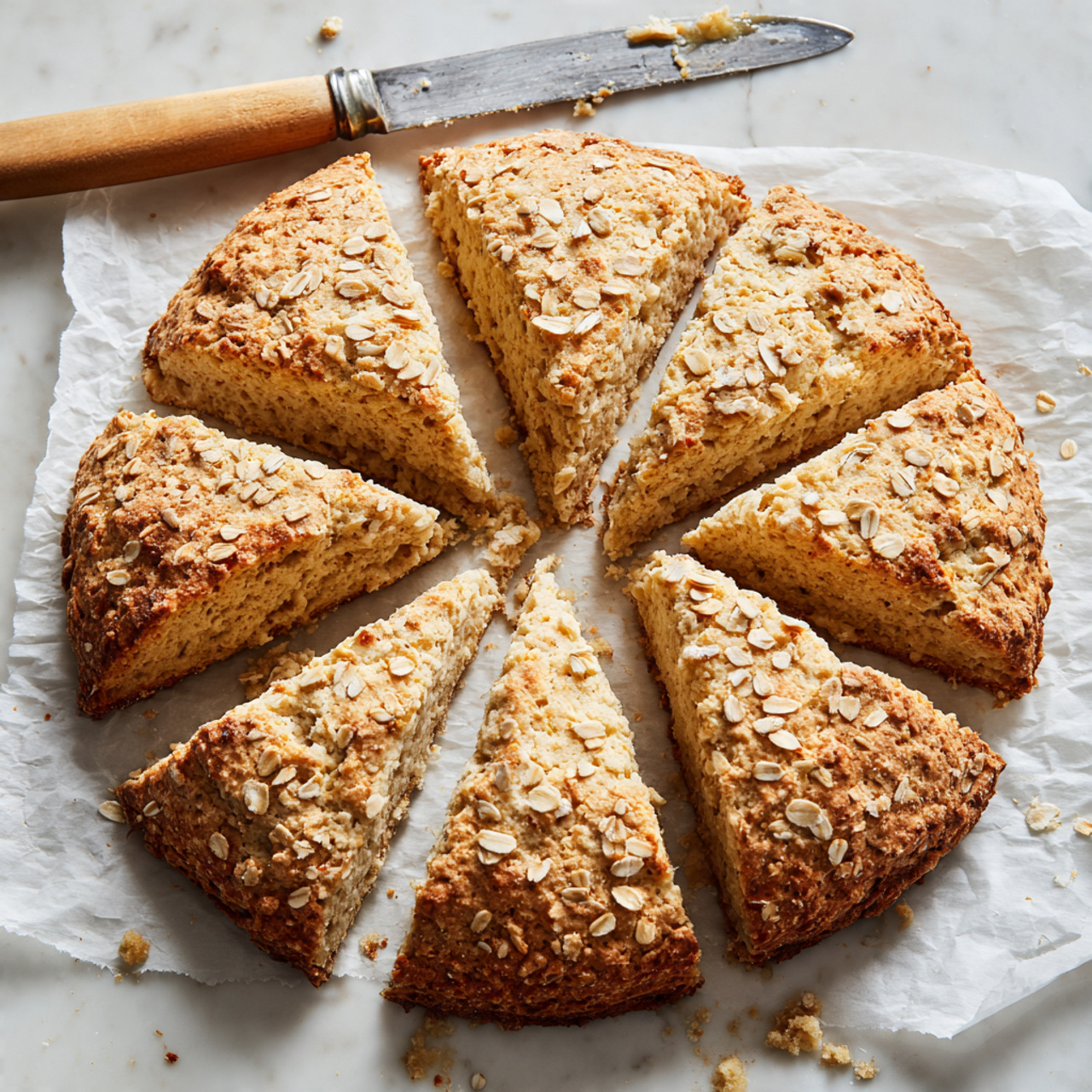 A round oat scone is placed on crumpled white baking paper over a white marbled surface. The scone is divided into eight equal triangular pieces, one triangle slightly pulled out to the right showing the soft inside texture. The scone has a light beige color sprinkled with whole oats on top, giving a rough texture. To the left, a knife with a light wooden handle and shiny blade lays flat on the paper. Small crumbs are scattered loosely around the scone. photo taken with an iphone --ar 4:5 --v 7