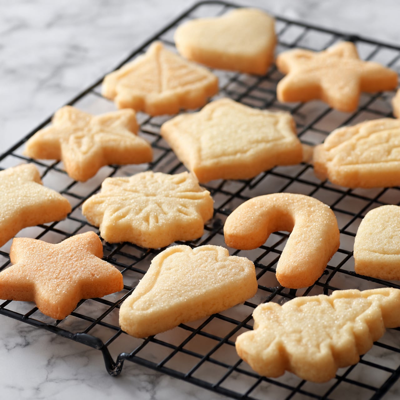 A black wire cooling rack holds twenty plain sugar cookies in different shapes, including stars, hearts, Christmas trees, candy canes, and teardrops. The cookies have a light golden color with a soft texture and a few cracks on the top, some with a light dusting of white powder. The cooling rack sits on a white marbled surface, creating a clean and bright background. Photo taken with an iphone --ar 4:5 --v 7