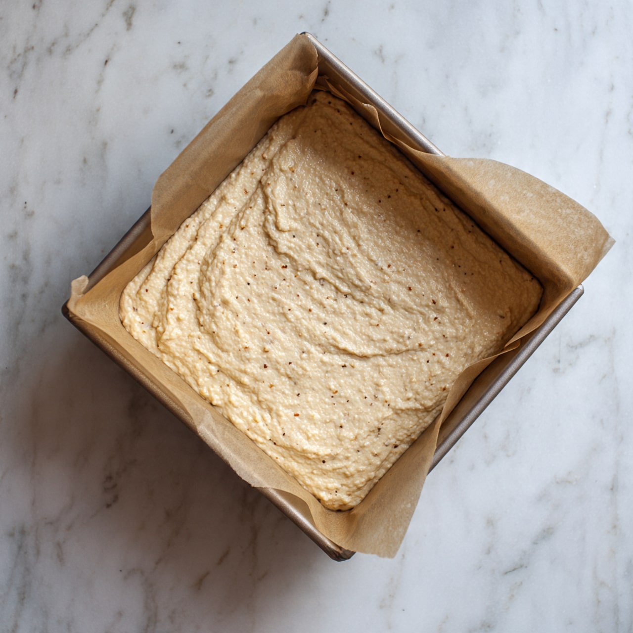 A square baking pan lined with light brown parchment paper holds a thick layer of soft, light peach batter with small darker bits mixed in, spread evenly across the pan surface with slight swirls and uneven texture visible. The pan is set on a white marbled surface. photo taken with an iphone --ar 4:5 --v 7