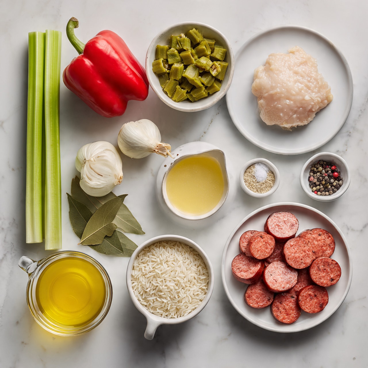 A top-down view of several cooking ingredients neatly arranged on a white marbled surface. On the left side, there are two green celery stalks and one whole red bell pepper placed vertically. Above them, a white plate holds a single raw chicken piece, pale pink and smooth. Next to the chicken, a small white bowl contains green frozen okra pieces. Above the okra, a measuring cup is filled with golden-yellow broth. Centered near the bottom, a small clear bowl has uncooked rice grains, and another holds olive oil with a bright yellow tint. To the right, a white plate is stacked with sliced, reddish-brown cooked sausages. There are also two golden onions – one whole and one chopped in a clear bowl, a head of garlic, a bay leaf, a small container of black pepper, and another with white salt, all scattered around. photo taken with an iphone --ar 4:5 --v 7