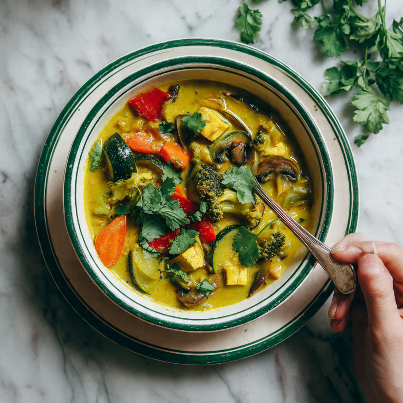 A bowl with a green rim filled with thick yellow curry soup, filled with colorful vegetable pieces including green broccoli florets, dark green zucchini chunks, red bell pepper pieces, orange carrot cubes, light brown mushroom slices, and cube-shaped light beige tofu, all mixed with fresh bright green cilantro leaves on top. The bowl sits on a white plate with a green rim, placed on a white marbled textured surface. Scattered fresh cilantro leaves are visible beside the bowl, and a woman's hand holds a spoon dipping into the soup. Photo taken with an iphone --ar 4:5 --v 7