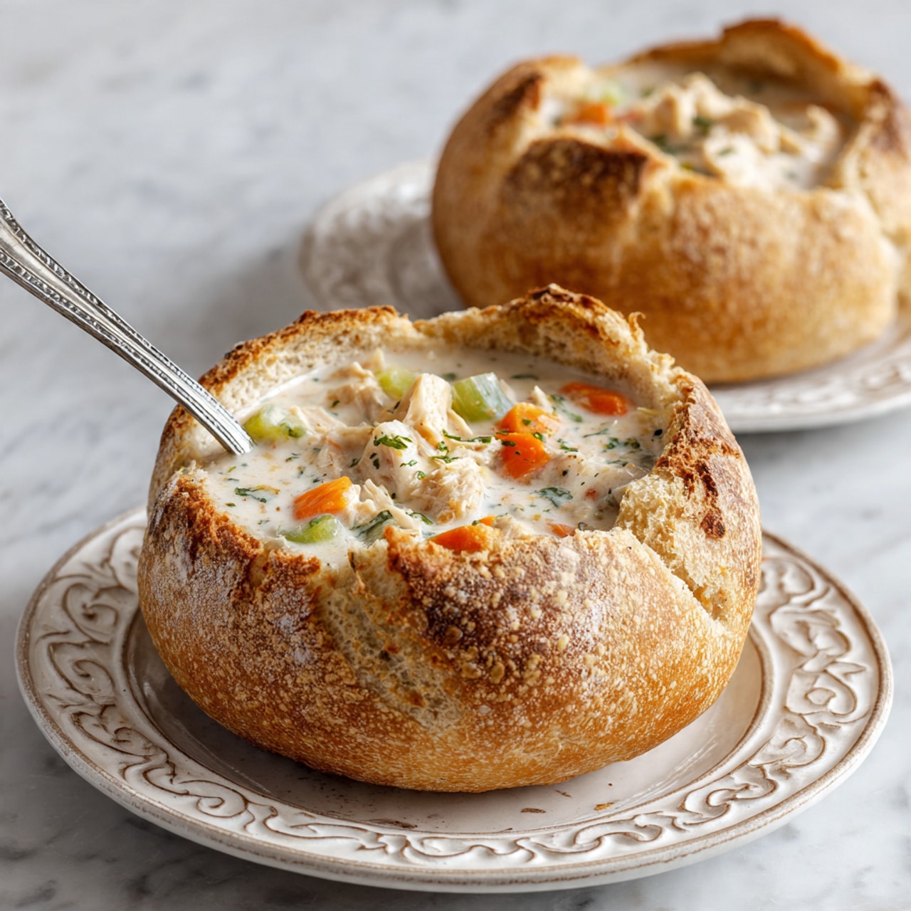 A round bread bowl with a golden-brown crust is filled with thick creamy soup containing visible pieces of potatoes, carrots, celery, and shredded chicken. The bread has a textured, slightly cracked surface and a thick edge around the soup. A silver spoon is inserted into the soup from the top right side. The bread bowl sits on a white plate with intricate floral designs, placed on a white marbled surface. photo taken with an iphone --ar 4:5 --v 7