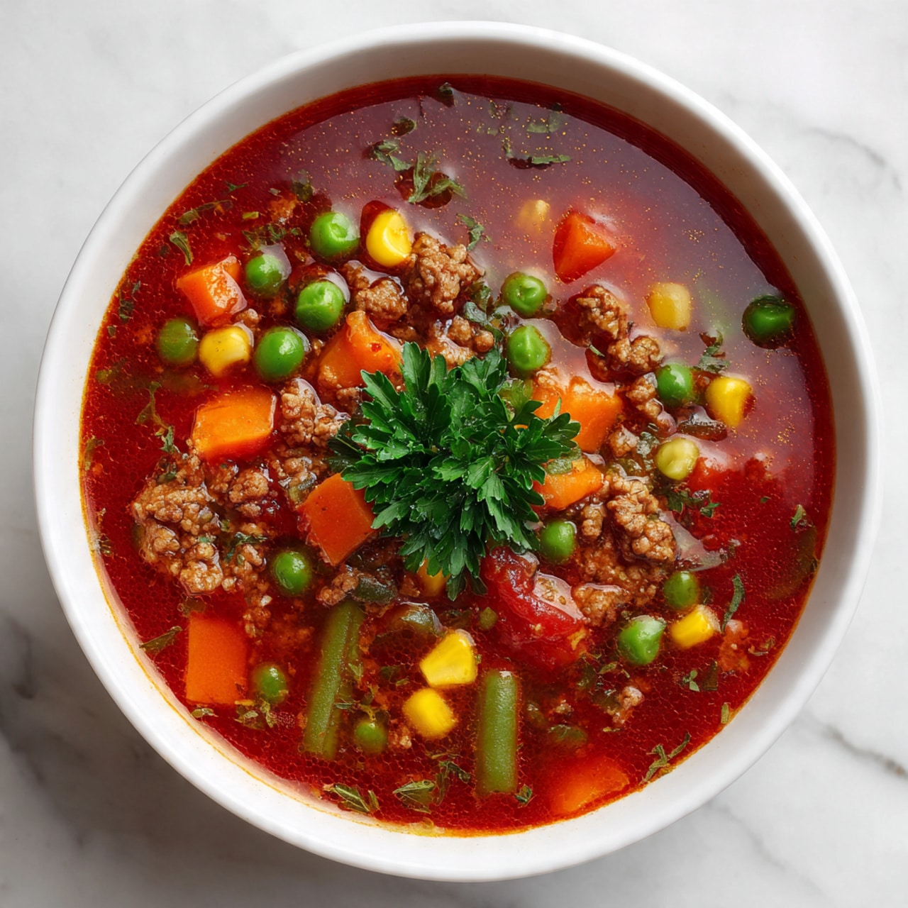 A white bowl filled with a rich red soup that has a slightly thick texture, showing small pieces of ground meat, bright green peas, orange carrot cubes, yellow corn kernels, and light green beans scattered evenly throughout. In the middle, a small bunch of fresh green parsley rests on top, adding a fresh contrast to the colors of the soup. The bowl is sitting on a white marbled surface. photo taken with an iphone --ar 4:5 --v 7