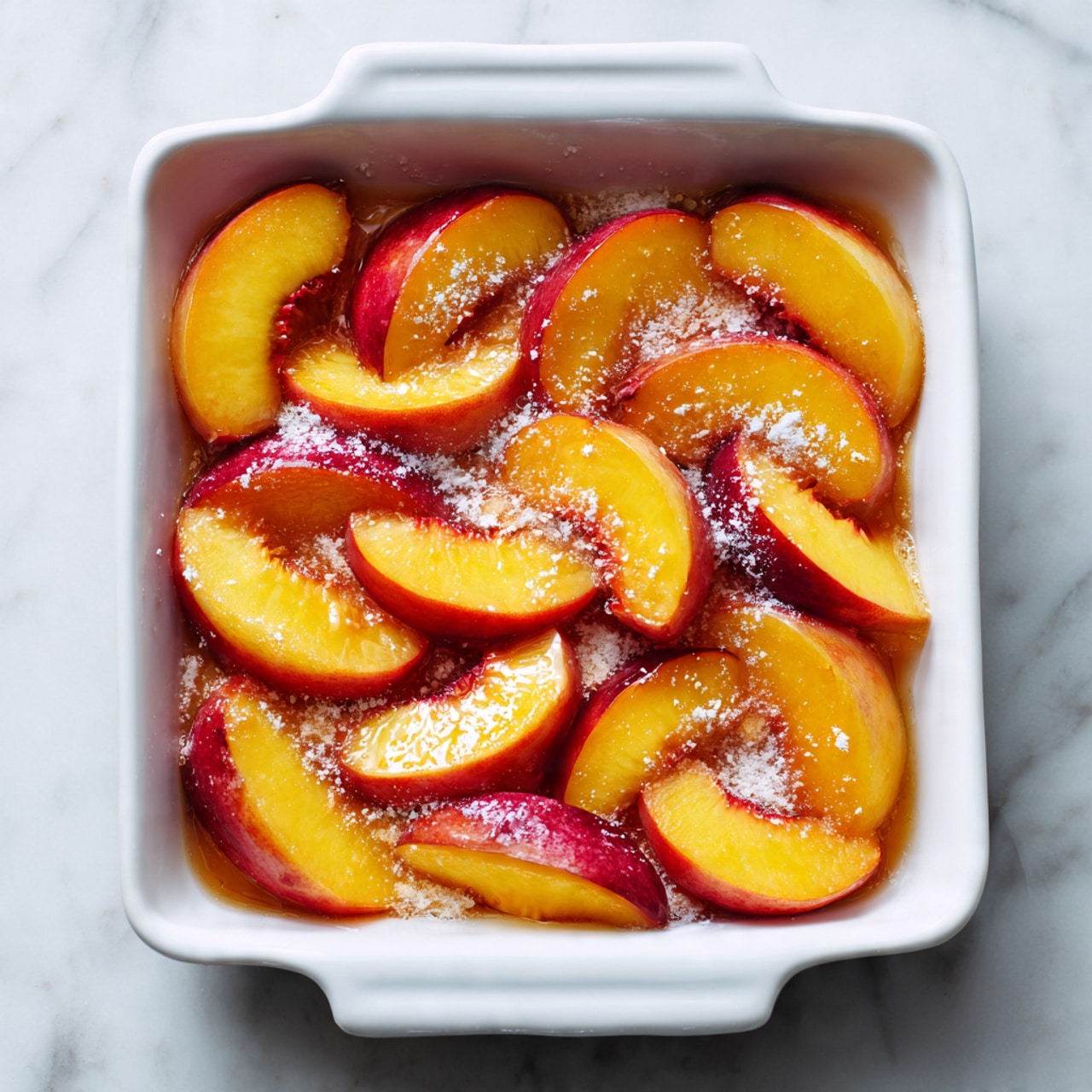 A white rectangular baking dish filled with sliced yellow-orange peaches arranged in one even layer. On top of the peaches, there are scattered piles of white sugar and white flour in different spots, creating a contrast with the peach slices. The dish is placed on a white marbled surface, giving a clean and bright look. The peach slices show soft red skin edges and juicy yellow flesh inside. photo taken with an iphone --ar 4:5 --v 7