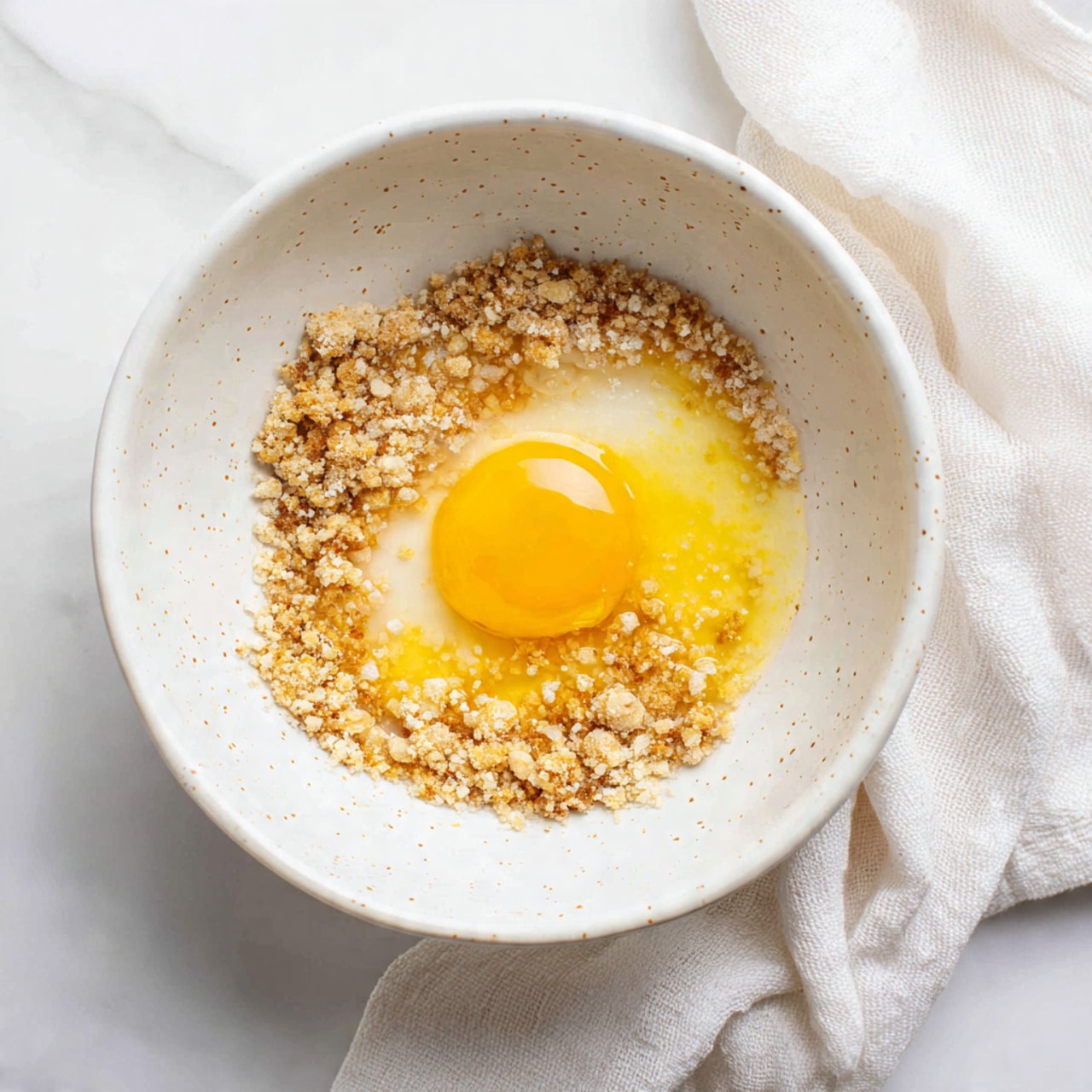 A white bowl sitting on a white marbled surface contains a light brown crumbly mixture filling most of the bottom. On top of this mixture is a bright yellow egg yolk partially mixed with some clear egg white, adding a smooth, shiny texture. The bowl has light speckled dots all over its surface, and a soft white cloth is beside the bowl, creating a clean and simple kitchen scene. Photo taken with an iphone --ar 4:5 --v 7