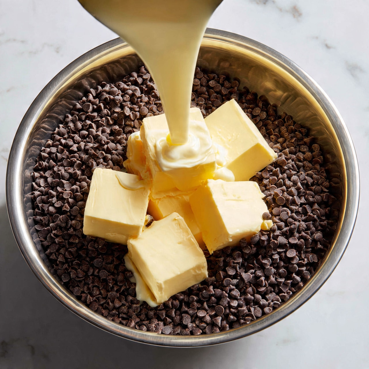 The image shows three square pieces of chocolate fudge with white mini marshmallows on top, arranged in a scattered way on a white marbled surface. Each piece has a thick dark brown chocolate base layer, topped with a generous layer of marshmallows that are soft and fluffy, covering the whole surface. Thin lines of chocolate drizzle cross over the marshmallows, adding texture and contrast. Around the fudge squares, there are loose marshmallows and chocolate chips spread on the white marbled surface. Part of a white plate holding more fudge pieces is visible in the top left corner. photo taken with an iphone --ar 4:5 --v 7