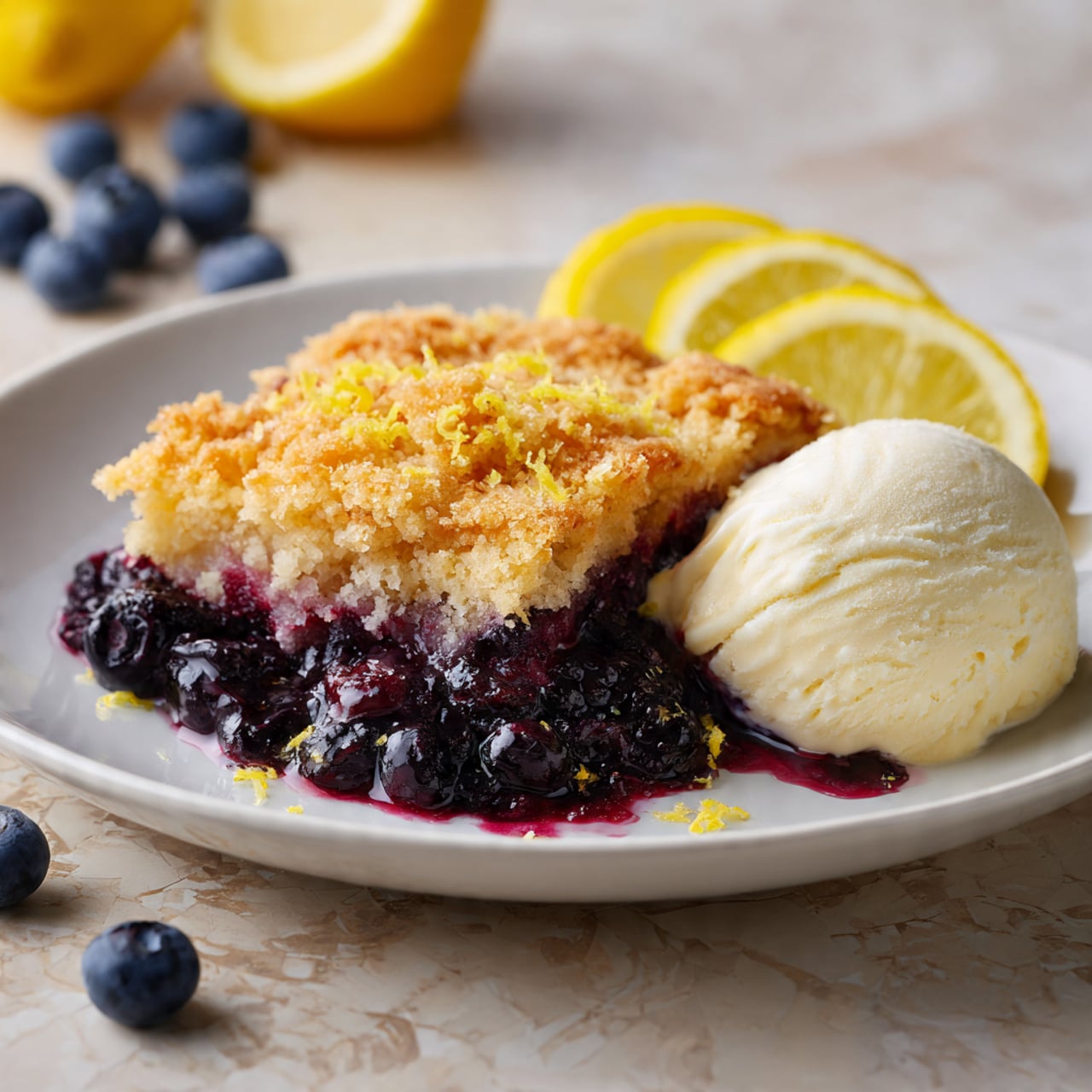 A rectangular glass baking dish filled with a baked dessert. The top layer is golden brown with a slightly crunchy texture and scattered darker spots. Below the top is a thick layer of dark purple berries that have released juice and peek out around the edges. The dish sits on a white marbled surface, and the edges of the berries have slightly bubbled over the sides of the dish. photo taken with an iphone --ar 4:5 --v 7