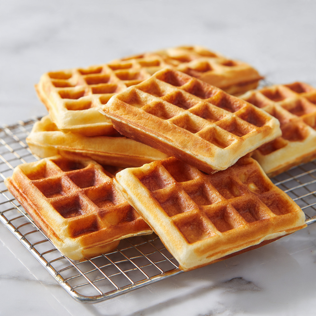 The image shows seven golden-brown waffles arranged on a metal cooling rack, which is placed on a white marbled surface. The waffles are square-shaped with deep grids and have a light, crispy texture. They are stacked slightly, with some overlapping each other, showing their even, warm color on top and sides. The light reflects softly, highlighting the subtle crisp edges and fluffy inside. Photo taken with an iphone --ar 4:5 --v 7