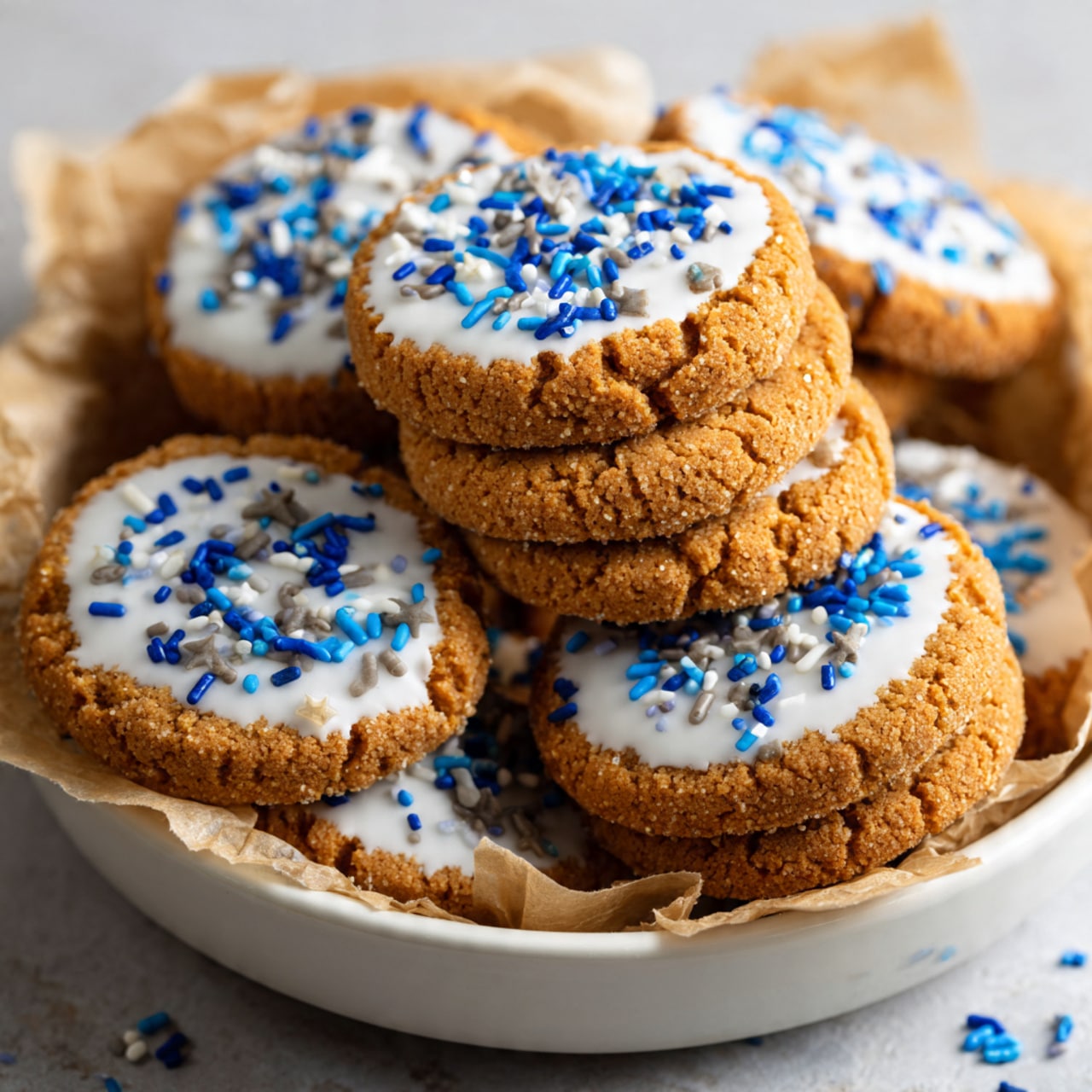 A white bowl lined with brown parchment paper holds a pile of round cookies with a light golden color, each topped with a smooth white icing layer. The icing is decorated with blue, white, and light green sprinkles in different shapes including rods, dots, and small snowflake-like figures. The cookies rest close to each other in the bowl. The setting is on a white marbled surface. photo taken with an iphone --ar 4:5 --v 7