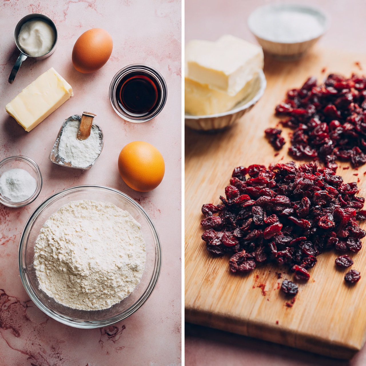 The image shows a cooling rack filled with round cookies that are light beige in color with small dark red pieces inside, likely dried cranberries, and tiny orange specks, possibly zest. Each cookie is topped with thin white icing drizzled in diagonal lines. The rack is placed on a white marbled surface. Near the rack, there are a few whole dark red cranberries and a small white bowl filled with more dried cranberries. A pale cloth is partially visible at the bottom left corner. The photo taken with an iphone --ar 4:5 --v 7