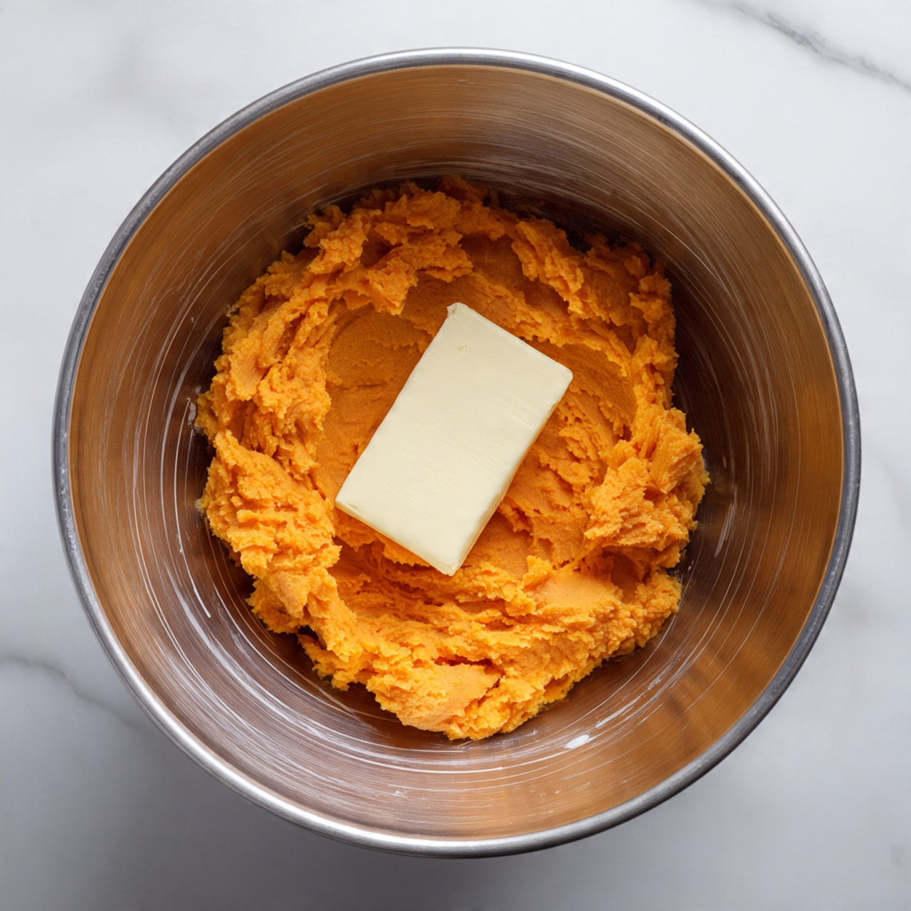 Inside a large steel mixing bowl, there is a bright orange layer of mashed sweet potato with a soft, slightly chunky texture. On top of the sweet potato, near the center, lies a solid rectangular bar of creamy white butter. The steel bowl shows a smooth, shiny surface with circular patterns reflecting light. The bowl sits on a white marbled surface. photo taken with an iphone --ar 4:5 --v 7