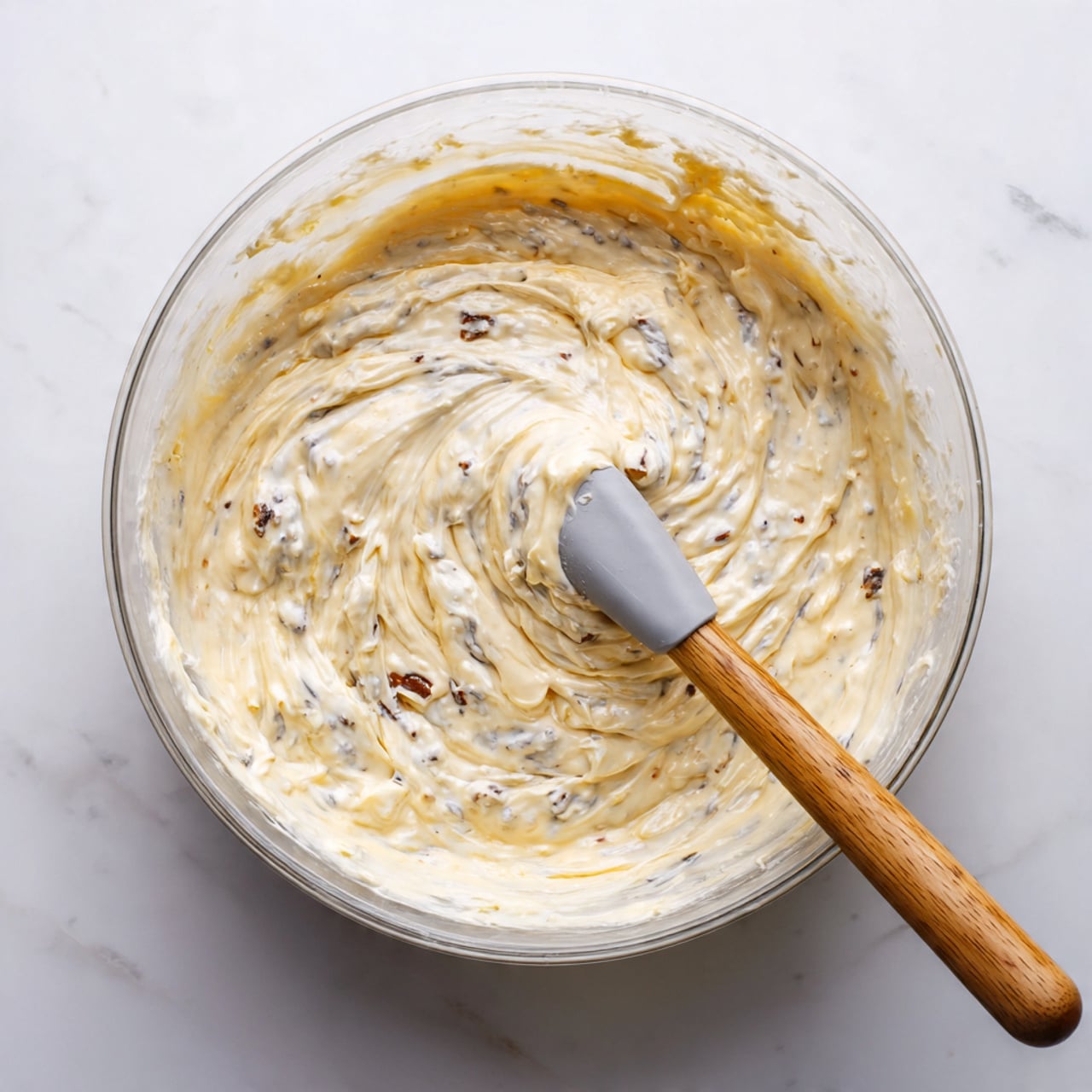 The image shows a group of small round cookies laid out on white crumpled parchment paper on a white marbled surface. Each cookie is light golden brown with tiny dark chocolate chips mixed throughout. On top of each cookie is a layer of white glaze that looks smooth and slightly shiny, dripping down a bit on some of them. Small orange zest pieces are scattered on the glaze, adding a pop of color. The cookies are close to each other in a scattered, casual arrangement with some crumbs around. photo taken with an iphone --ar 4:5 --v 7