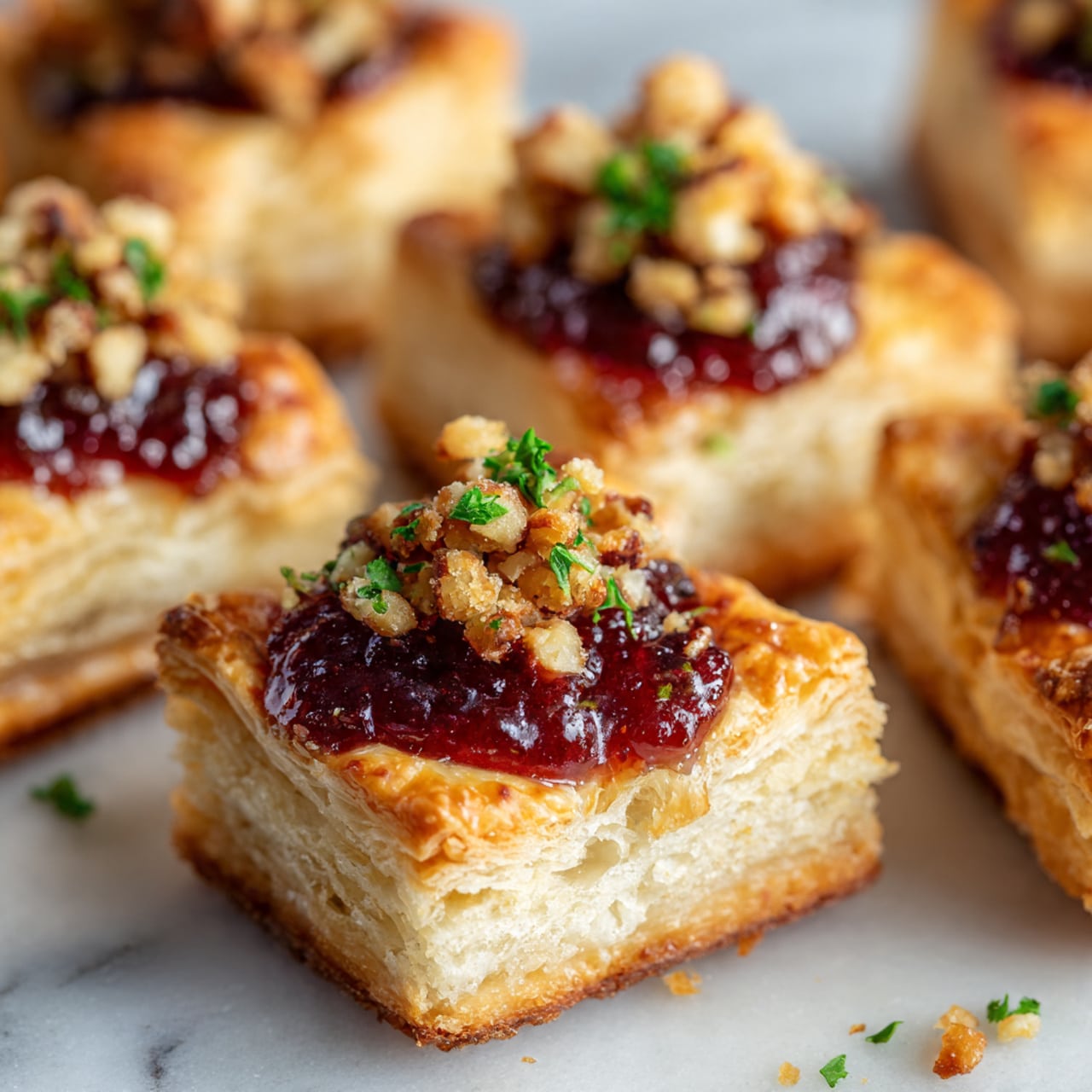 Small square puff pastry tarts are scattered close together on a white marbled surface. Each tart has a golden-brown flaky crust with a slightly raised edge creating a shallow cup shape. Inside, there is a layer of dark red jam, topped with melted creamy white cheese that has browned spots. Small chopped nuts add a crunchy texture, scattered unevenly on the cheese and jam layers. Fresh small green herb leaves are sprinkled over the tarts, giving a pop of color. The tarts look warm and inviting, with a mix of shiny, flaky, and soft textures. photo taken with an iphone --ar 4:5 --v 7