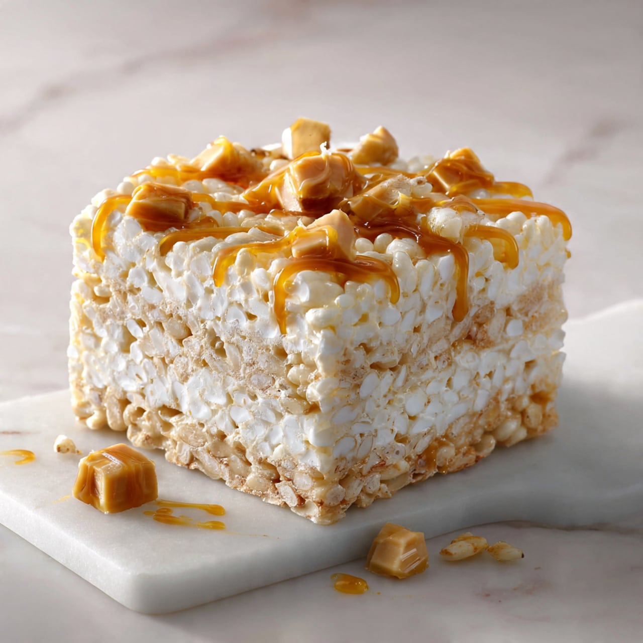 The image shows a square, layered rice crispy treat with a creamy white sticky texture holding the puffed rice together. The top layer has small caramel-colored drizzle and soft caramel pieces scattered around, adding a glossy contrast to the matte white base. The edges are uneven but clean, revealing the thick, dense layers of puffed rice. It sits on a white marbled surface, with a small bite taken out from one side. Photo taken with an iphone --ar 4:5 --v 7
