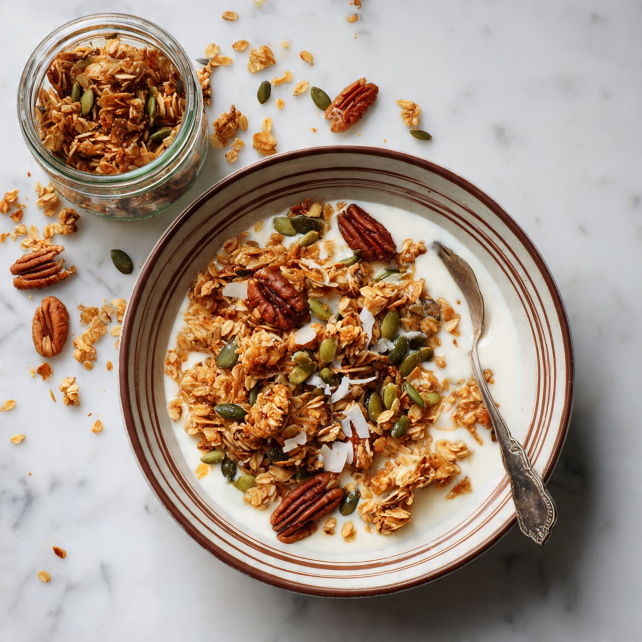 A large, shallow baking tray filled with a single layer of golden brown granola. The granola is mixed with visible whole pecans and green pumpkin seeds, adding texture and color contrast. The granola clusters appear crunchy and slightly sticky, with oats making up most of the mix. There is a grey spatula resting on the right side of the tray, partially buried in the granola. The tray is placed on a white marbled surface, adding a clean and bright background to the image. photo taken with an iphone --ar 4:5 --v 7