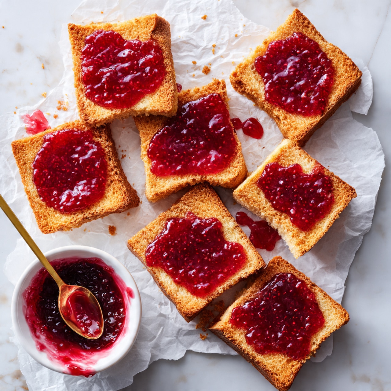 The image shows a square baking pan lined with white parchment paper, filled with a single baked layer of golden brown cake or bar. On top, uneven swirls of thick, dark red jam are spread, some parts more concentrated and shiny, creating a textured look. The edges of the cake are slightly darker, and the jam has small seeds visible, indicating a berry flavor. The pan is placed on a white marbled surface with a few small splashes of the red jam outside the pan. Photo taken with an iphone --ar 4:5 --v 7