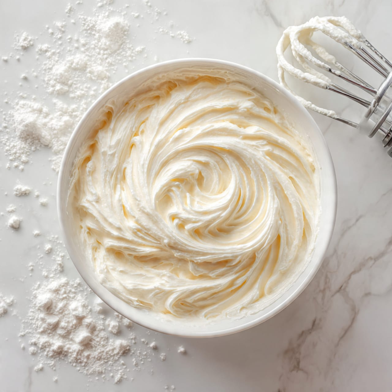 Five square pieces of cake with two layers are placed on a white plate. The bottom layer is light brown and looks soft and spongy. The top layer is white frosting spread evenly, with a light dusting of cinnamon powder on it. The plate is on a wooden table with a white marbled texture. In the background, there are more pieces of the same cake stacked on white plates, a glass of milk, and two silver forks. A woman's hand is holding a spoon near the background cakes. Photo taken with an iphone --ar 4:5 --v 7