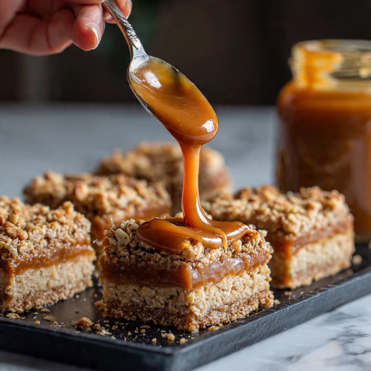 The image shows nine square bars arranged on a metal tray with a grayish tone. Each bar has two layers: a dark brown, nutty-looking base, and a light caramel-colored drizzle on top. Scattered over the drizzle and bars are off-white, toasted coconut flakes, adding texture and contrast. To the top left of the tray, there is a small jar filled with a thick caramel-colored sauce with a spoon inside. The tray rests on a white marbled surface with a grey cloth partially visible under the bottom left corner. photo taken with an iphone --ar 4:5 --v 7